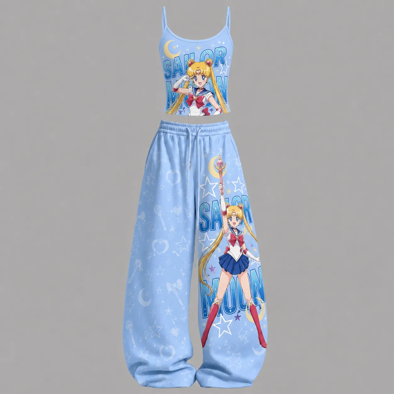 Sailor Moon Usagi Cami Crop Top and Light Blue Wide Leg Trousers Set, Women's Two-Piece Lounge Outfit, Moon Stick Stars Magical Girl Anime Set
