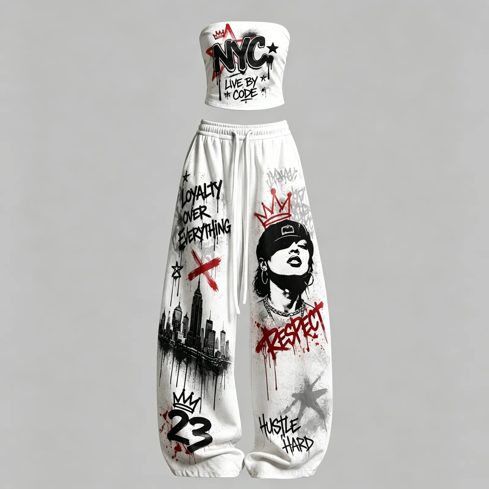 Women's Hip-Hop Style New York Graffiti Strapless Tube Crop Top and Wide Leg Trousers Two-Piece Set, White Black Red Streetwear Lounge Outfit