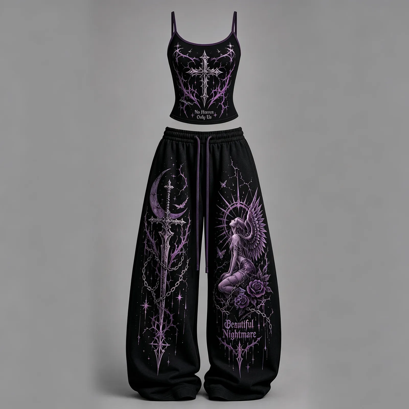 Gothic Heart No Heaven Only Us Cami Crop Top and Wide Leg Trousers Two-Piece Set, Women's Black and Purple Beautiful Nightmare Lounge Outfit