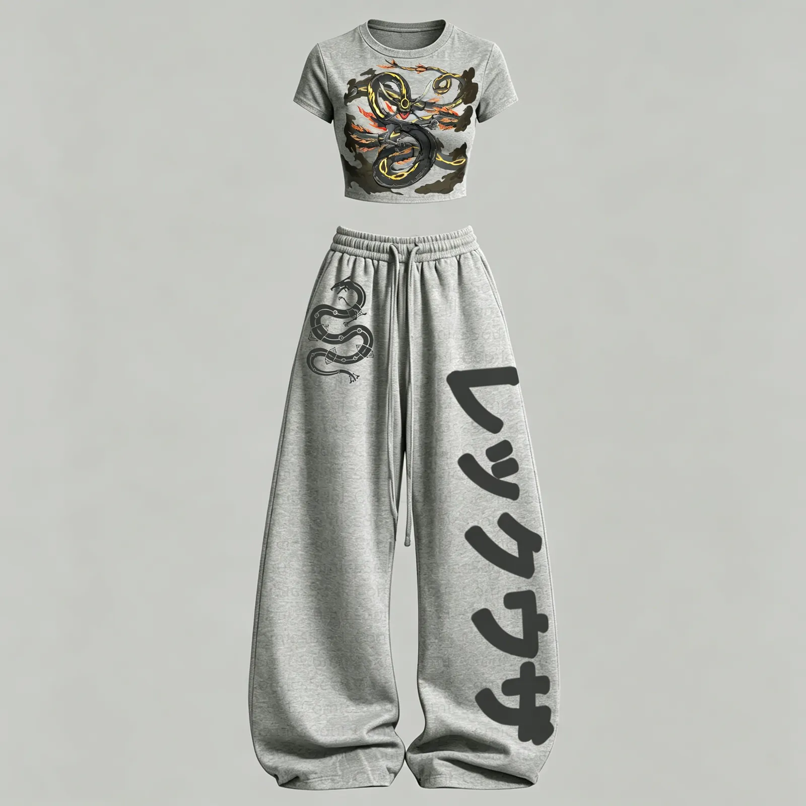 Pokémon Shiny Rayquaza Crop Tee Top and Elasticated Trousers Two-Piece Set, Women's Grey Dragon Anime Lounge Outfit, Pokemon Matching Set