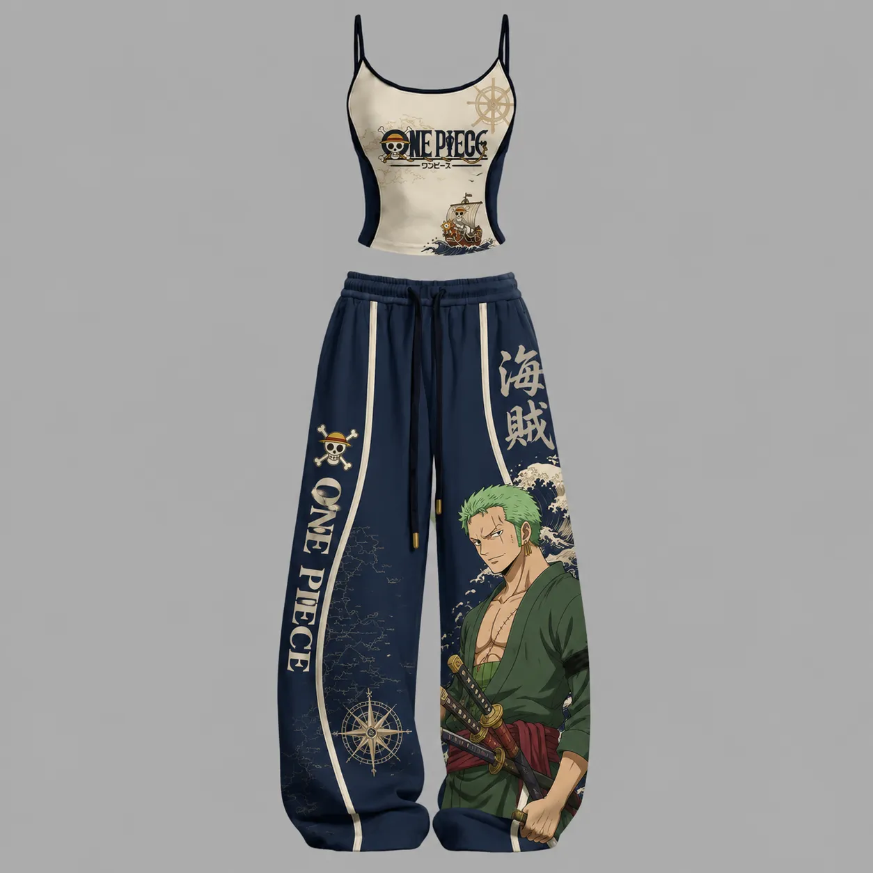 One Piece Roronoa Zoro Navy and Cream Cami Crop Top and Elasticated Wide Leg Trousers Two-Piece Set, Women's Nautical Compass Pirate Anime Outfit