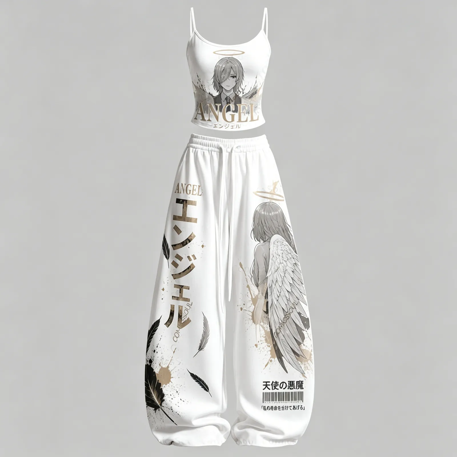 Chainsaw Man Angel Devil Cami Crop Top and Wide Leg Trousers Two-Piece Set, Women's White Gold Anime Lounge Outfit, Feather Wings Halo Fan Gift