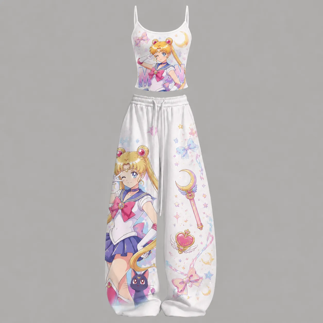 Sailor Moon Usagi Luna Cami Crop Top and Wide Leg Trousers Two-Piece Set, White Pastel Pink Crescent Wand Anime Lounge Outfit, Women's Co-ord