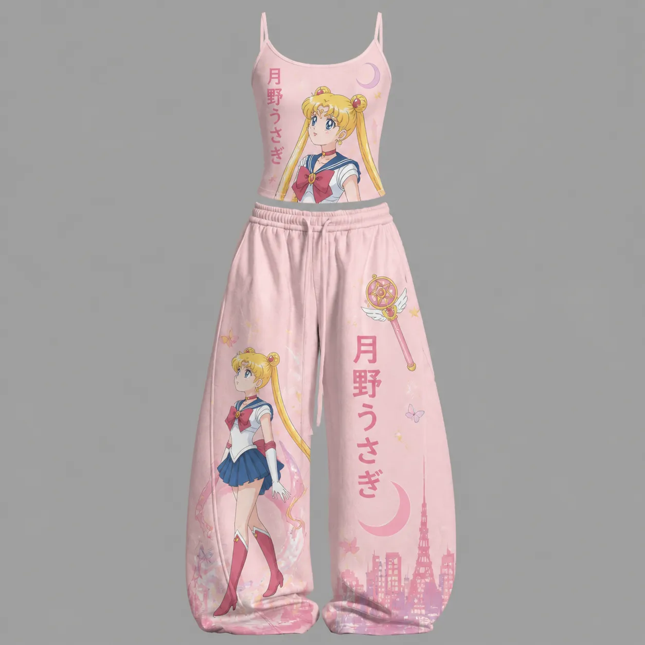 Sailor Moon Usagi Tsukino Cami Crop Top and Wide Leg Trousers Two-Piece Set, Women's Pink Anime Lounge Outfit, Moon Prism Matching Set