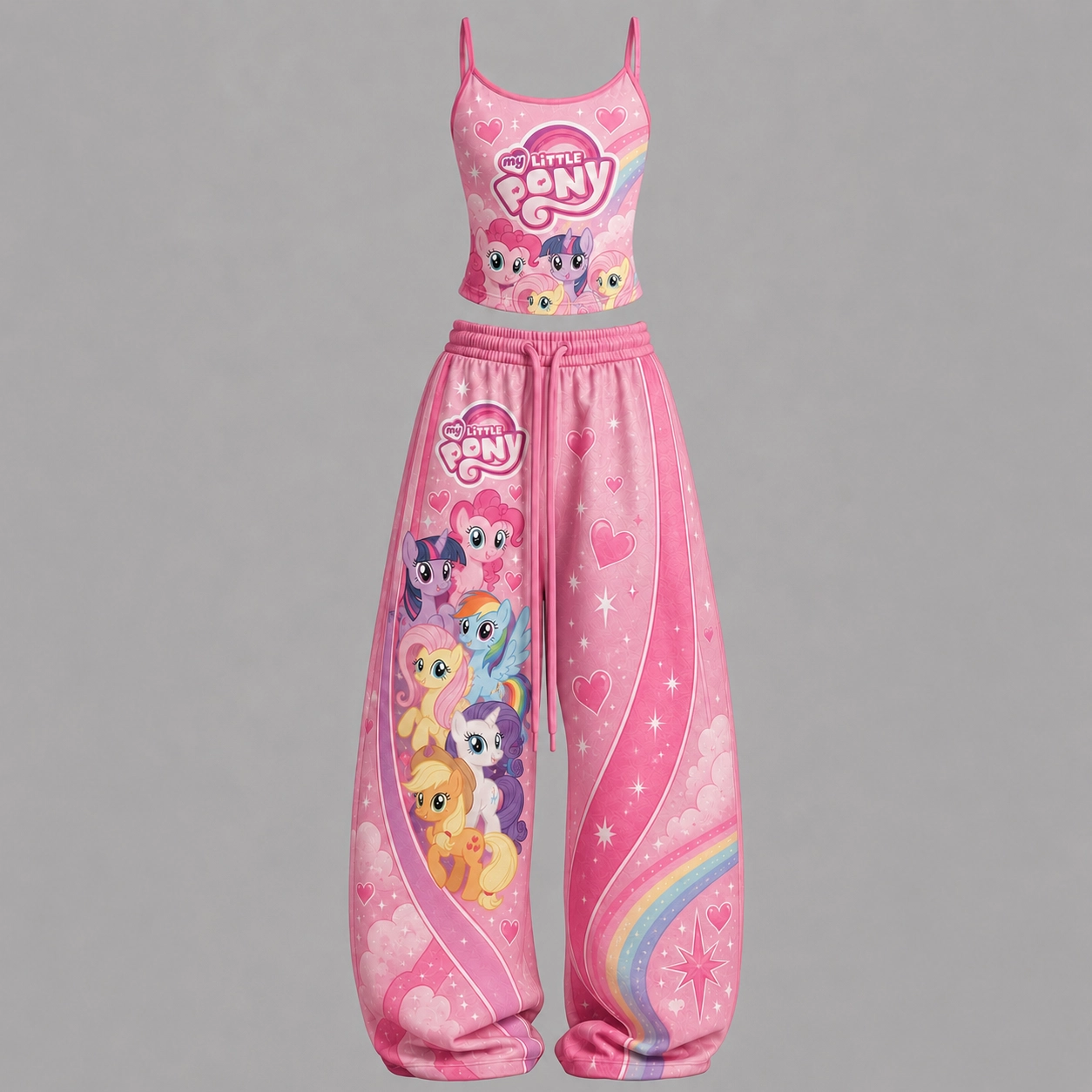 My Little Pony Mane Six Cami Crop Top and Elasticated Wide Leg Trousers Two-Piece Set, Women's Hot Pink Rainbow Heart Pajama Style Outfit