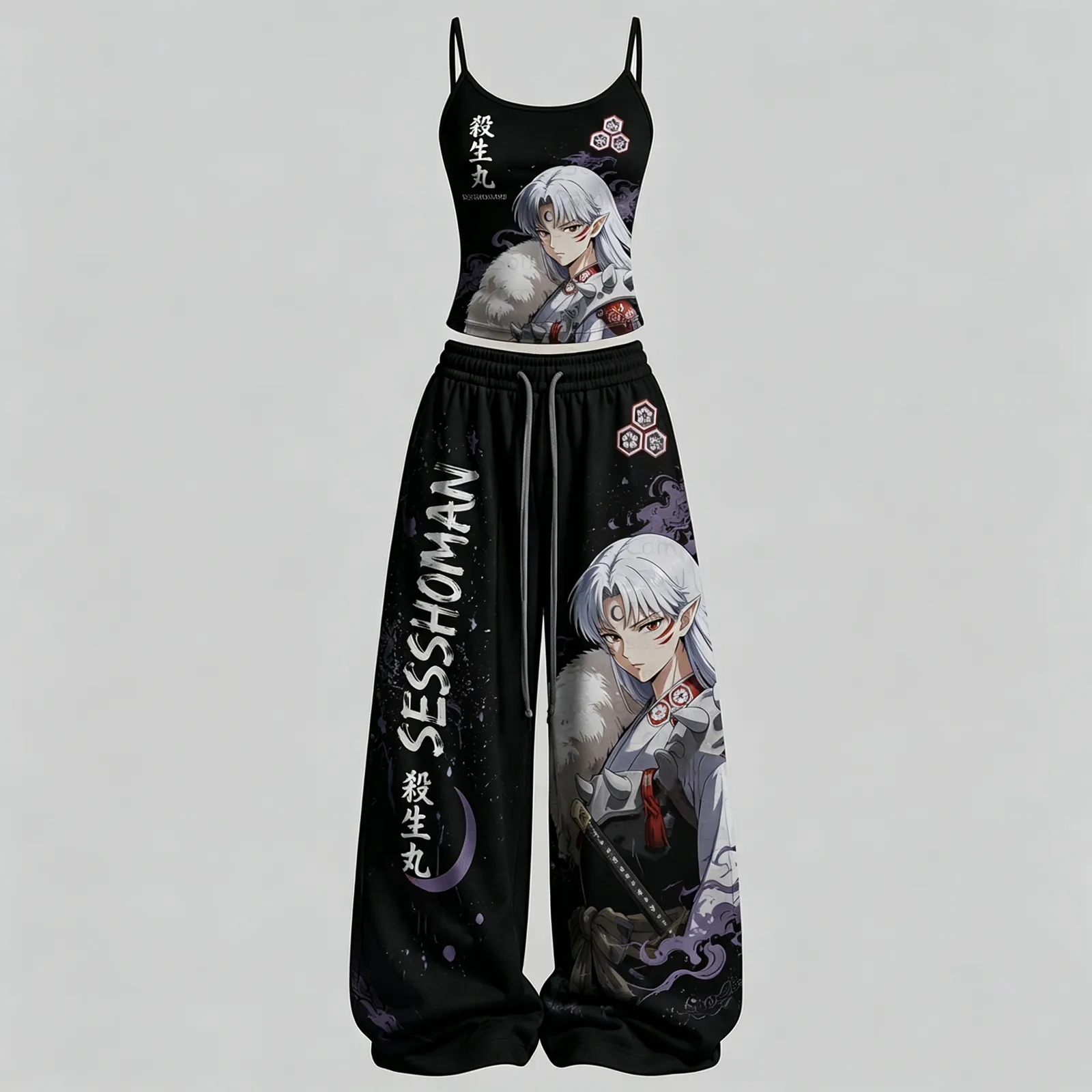 Inuyasha Sesshomaru Cami Top and Elasticated Trousers Two-Piece Set, Women's Black and Lavender Anime Lounge Outfit, Demon Lord Matching Set