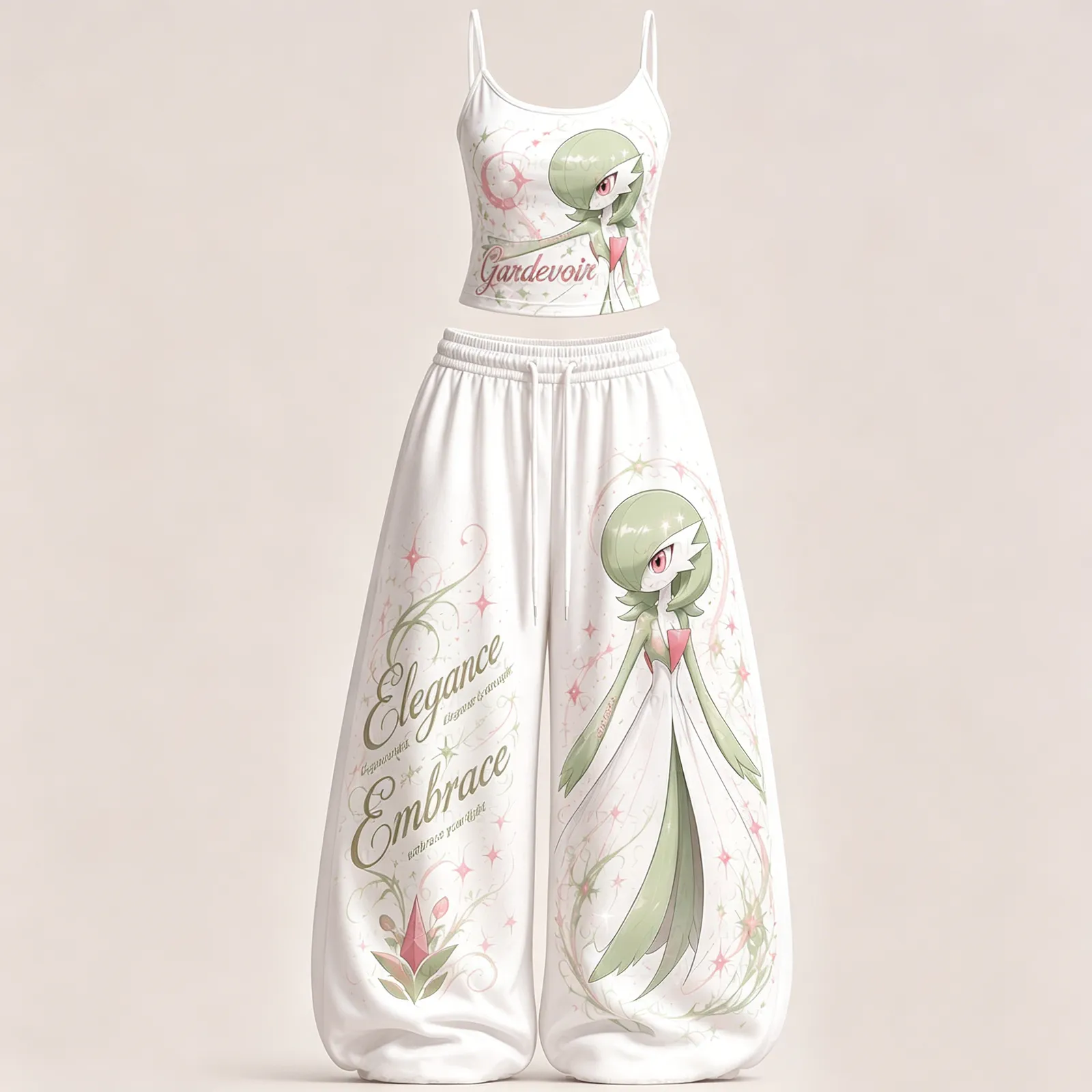 Pokémon Gardevoir Elegance Embrace Cami Crop Top and Wide Leg Trousers Two-Piece Set, Women's White Fairy Psychic Matching Lounge Outfit