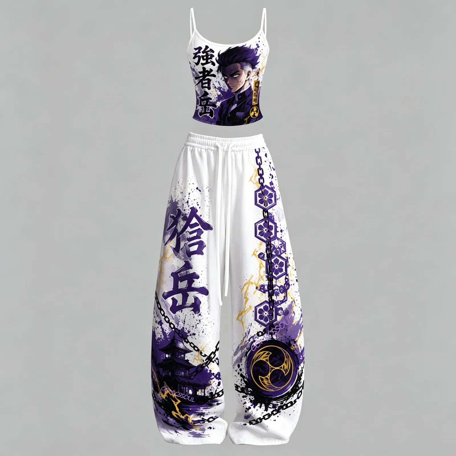 Demon Slayer Kaigaku Thunder Cami Crop Top and Elasticated Wide Leg Trousers Two-Piece Set, Women's White and Purple Ink Kanji Chain Anime Outfit