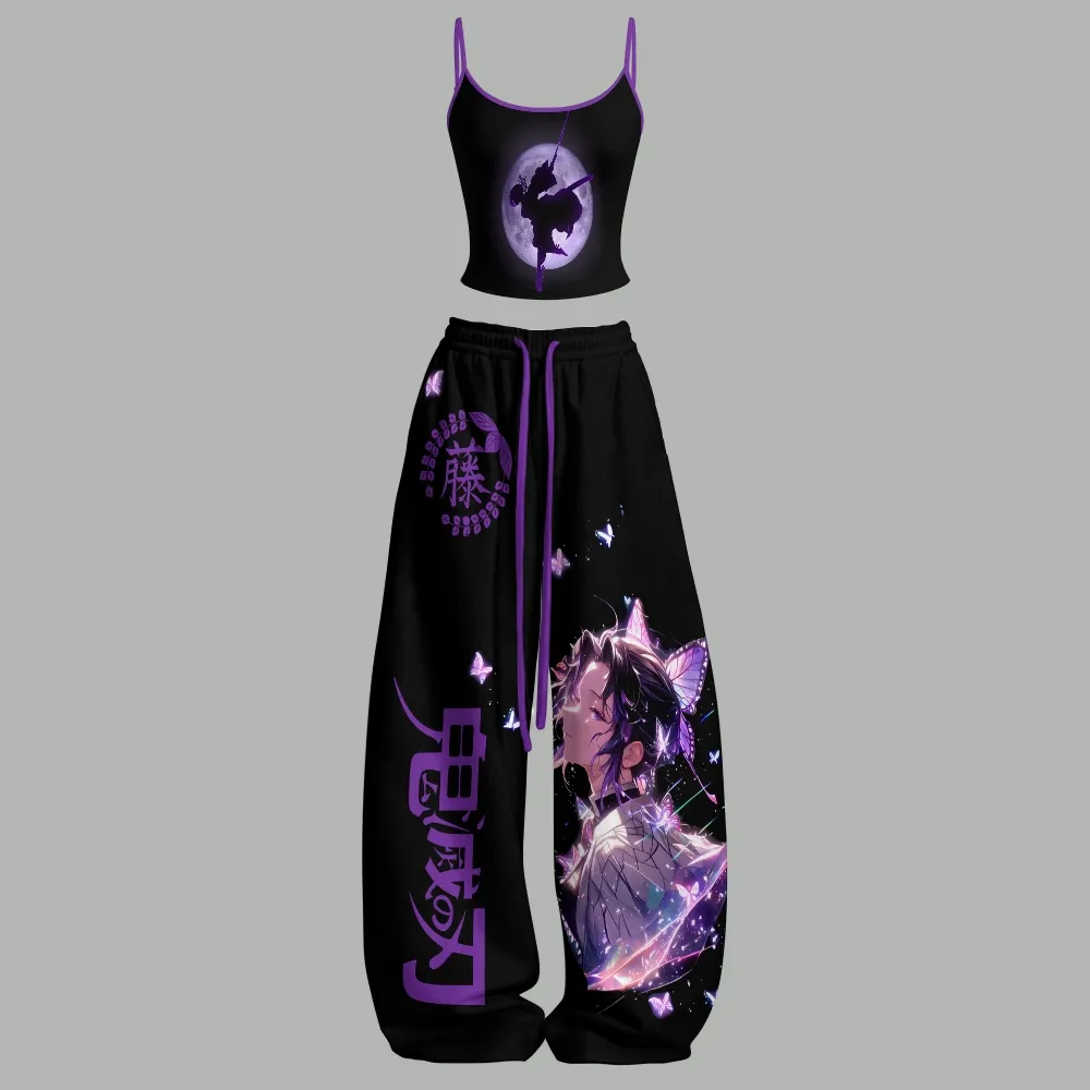 Demon Slayer Shinobu Kocho Insect Hashira Cami Crop Top and Wide Leg Trousers Two-Piece Set, Purple Moon Butterfly Print, Women's Outfit