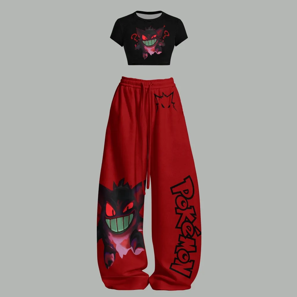 Pokémon Gengar Crop Tee and Wide Leg Trousers Two-Piece Set, Women's Black and Red Anime Lounge Outfit, Grinning Ghost Type Matching Set for Fans