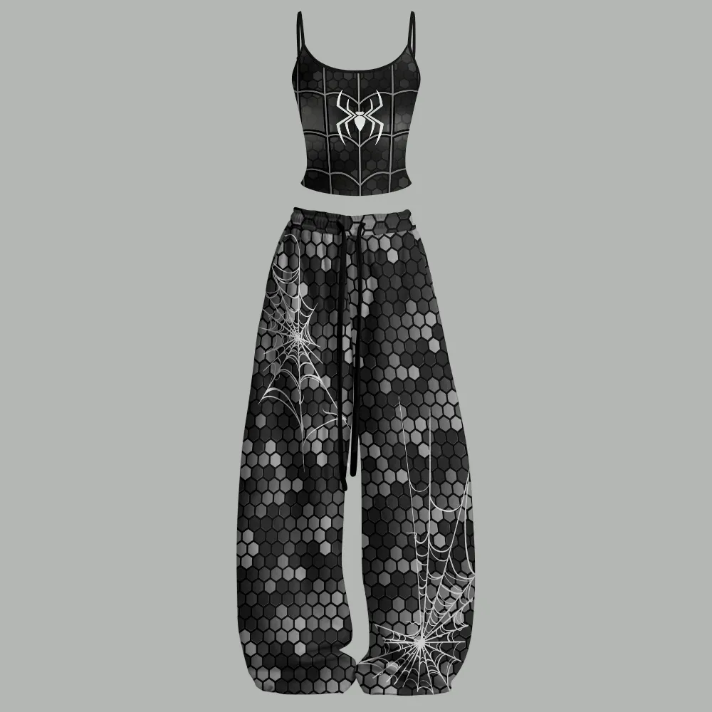 Spider-Man Black Suit Cami Crop Top and Wide Leg Trousers Two-Piece Set, Women's Black and Grey Superhero Lounge Outfit, Spider Web Matching Set