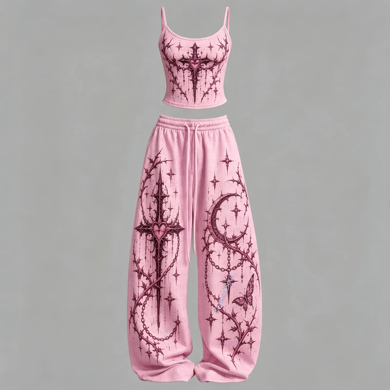Gothic Heart Thorn Cross Cami Crop Top and Wide Leg Trousers Two-Piece Set, Women's Pink Goth Lounge Outfit, Crescent Moon Butterfly Matching Set