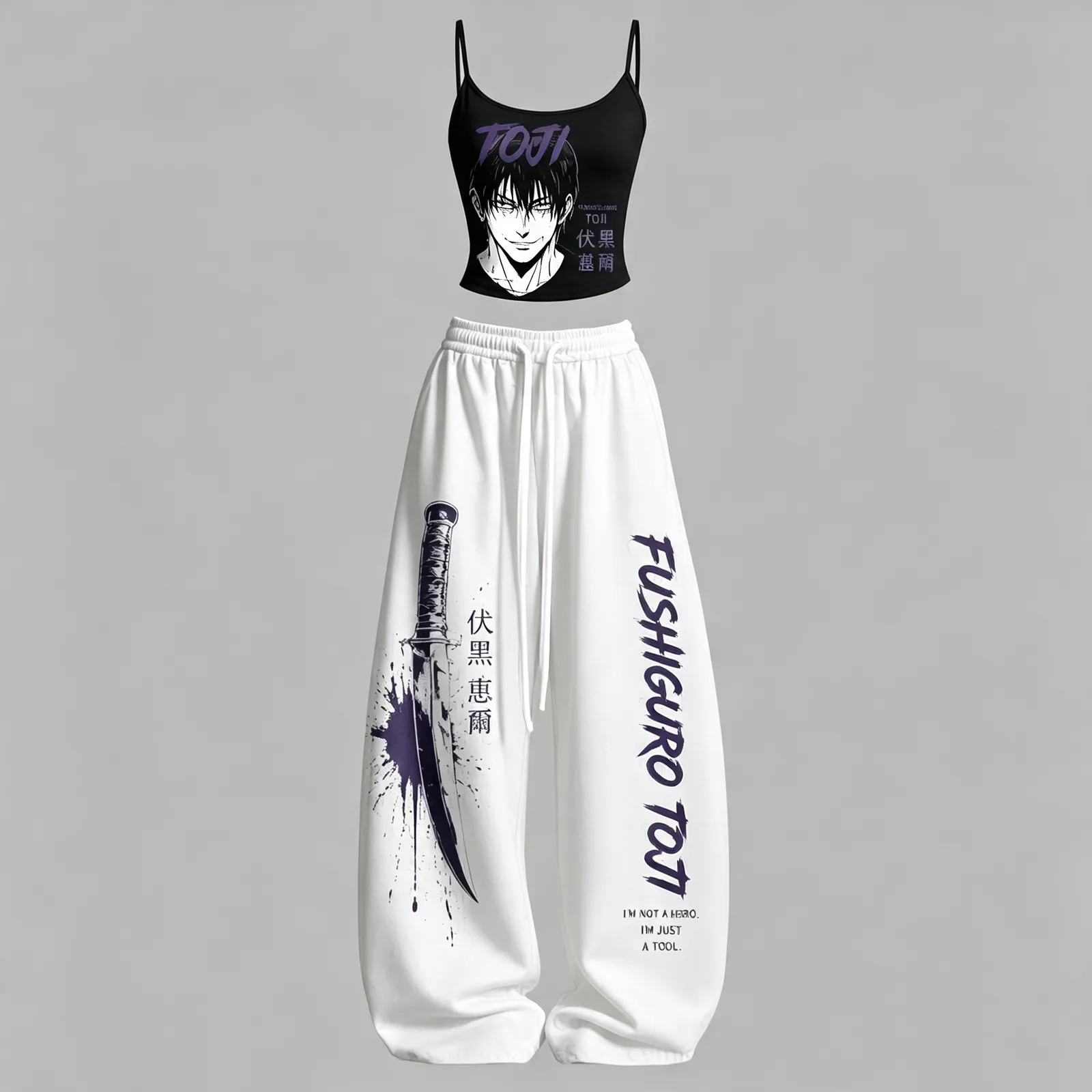 Jujutsu Kaisen Toji Fushiguro Cami Crop Top and Wide Leg Trousers Two-Piece Set, Women's Black and White I'm Not a Hero Anime Lounge Outfit