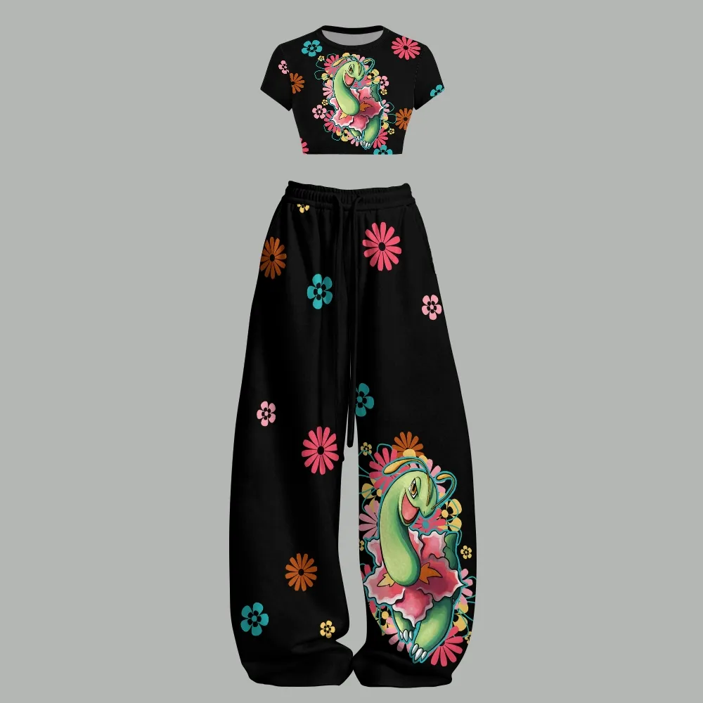 Pokémon Meganium Floral Women Crop Tee and Wide Leg Trousers Two-Piece Set, Black Retro Flower Lounge Outfit, Grass Type Anime Fan Gift