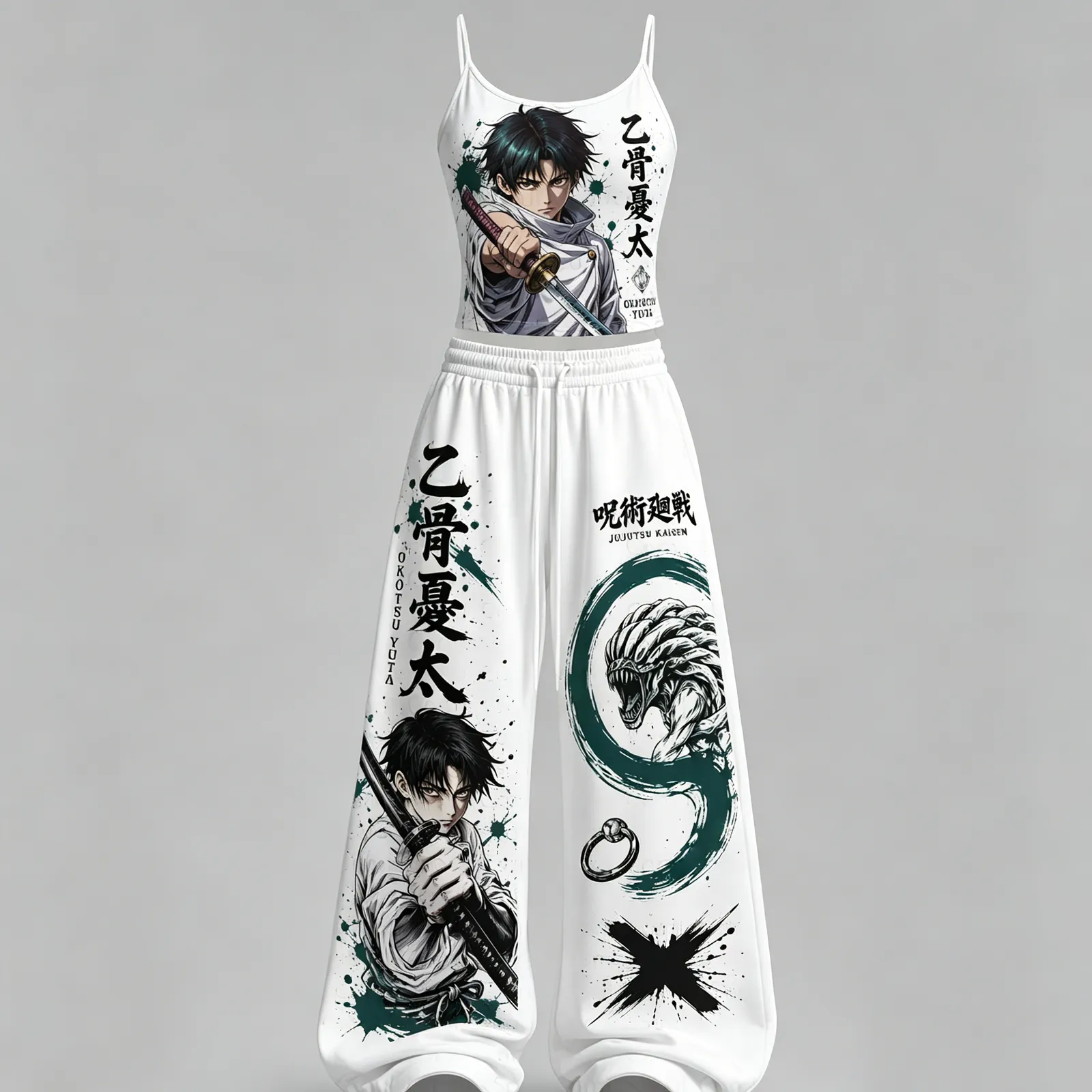Jujutsu Kaisen Yuta Okkotsu Cami Crop Top and White Wide Leg Trousers Set, Women's Two-Piece Lounge Outfit, Rika Cursed Spirit Ink Splash Set