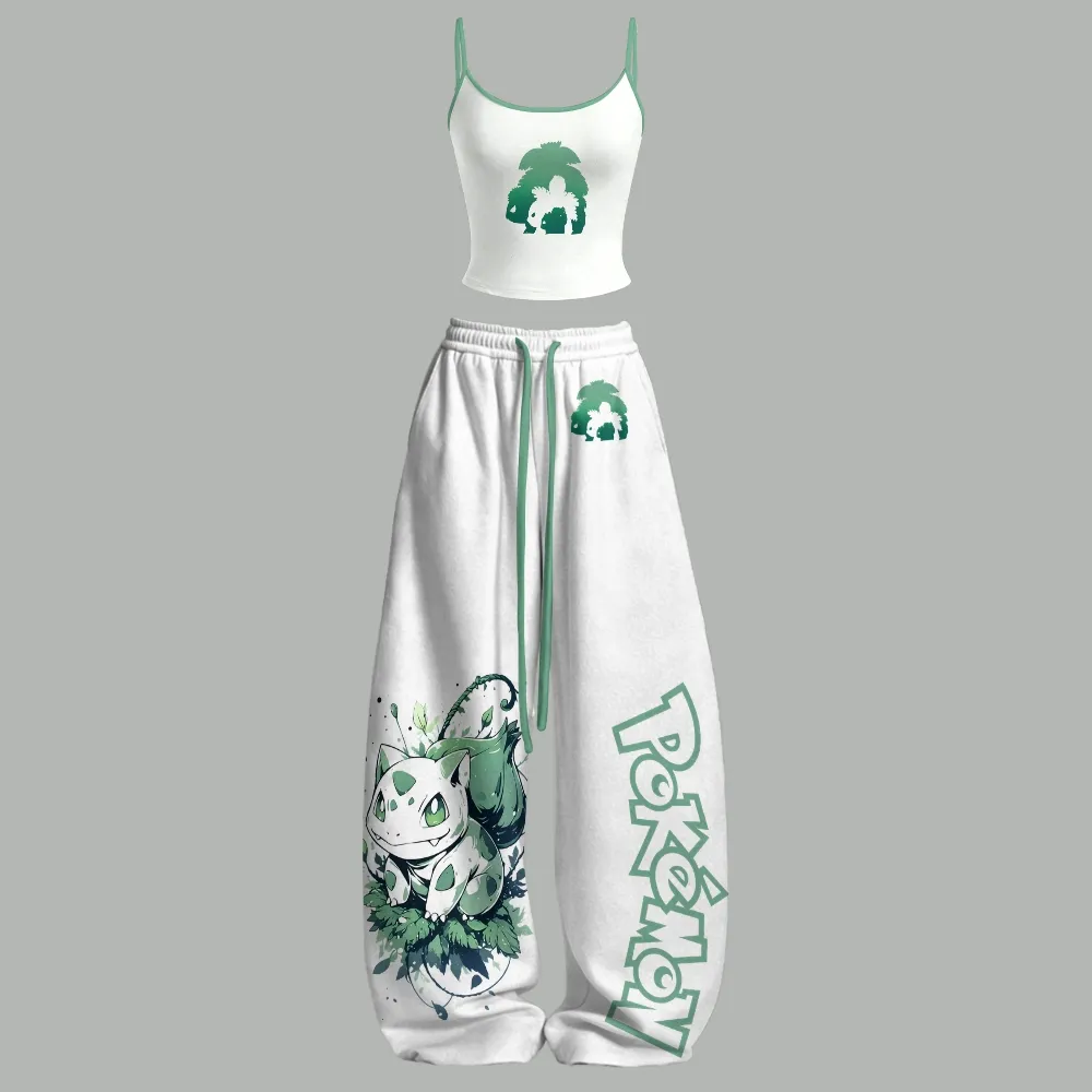 Pokémon Bulbasaur Ivysaur Venusaur Cami Crop Top and Wide Leg Trousers Two-Piece Set, Women's Grass Type Matching Lounge Outfit