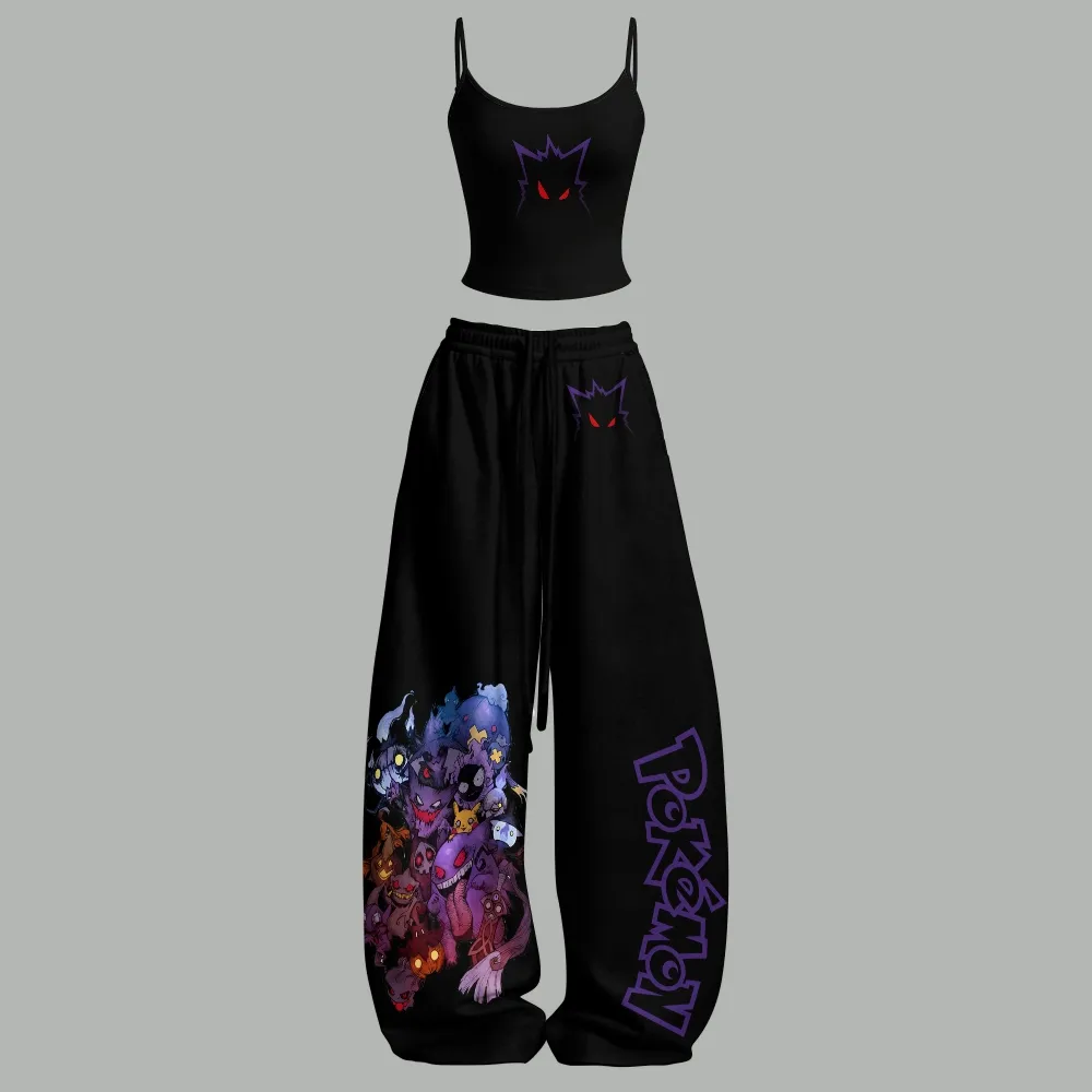 Pokémon Gengar Cami Crop Top and Wide Leg Trousers Two-Piece Set, Black Ghost Type Crew Print, Women's Gamer Halloween Lounge Outfit