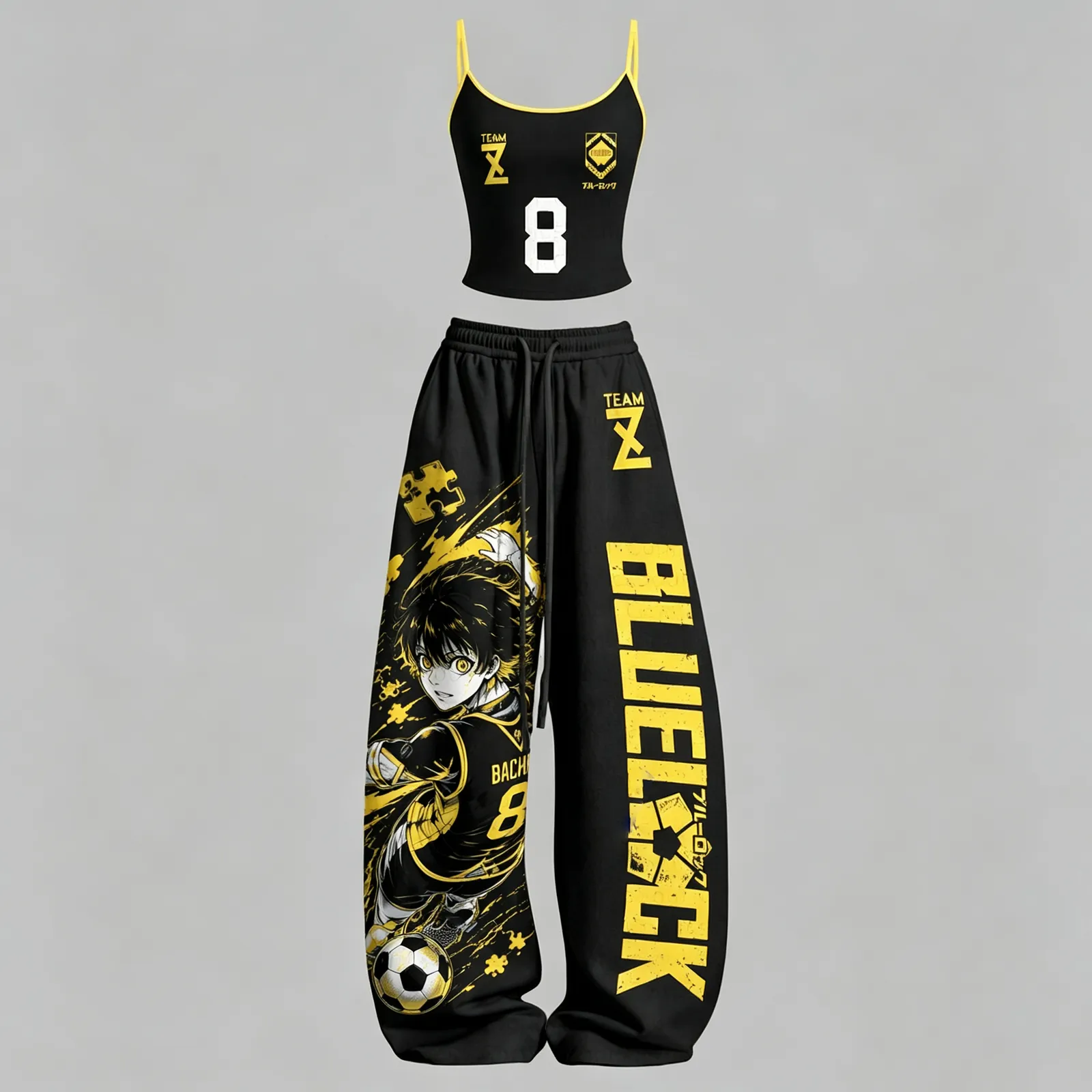Blue Lock Bachira Meguru Team Z Number 8 Cami Crop Top and Wide Leg Trousers Two-Piece Set, Black Yellow Soccer Anime Lounge Outfit for Women