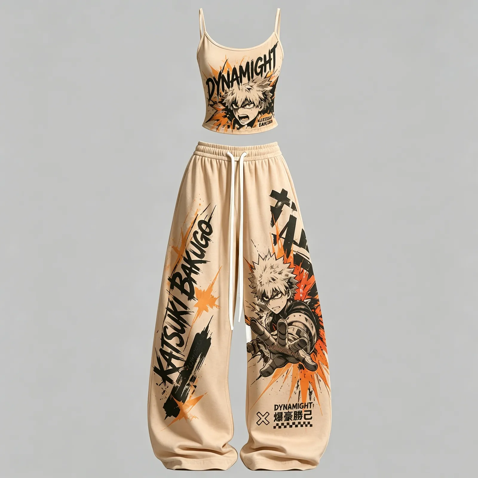 My Hero Academia Katsuki Bakugo Dynamight Cami Crop Top and Wide Leg Trousers Two-Piece Set, Women's Beige Anime Lounge Outfit, Hero Matching Set