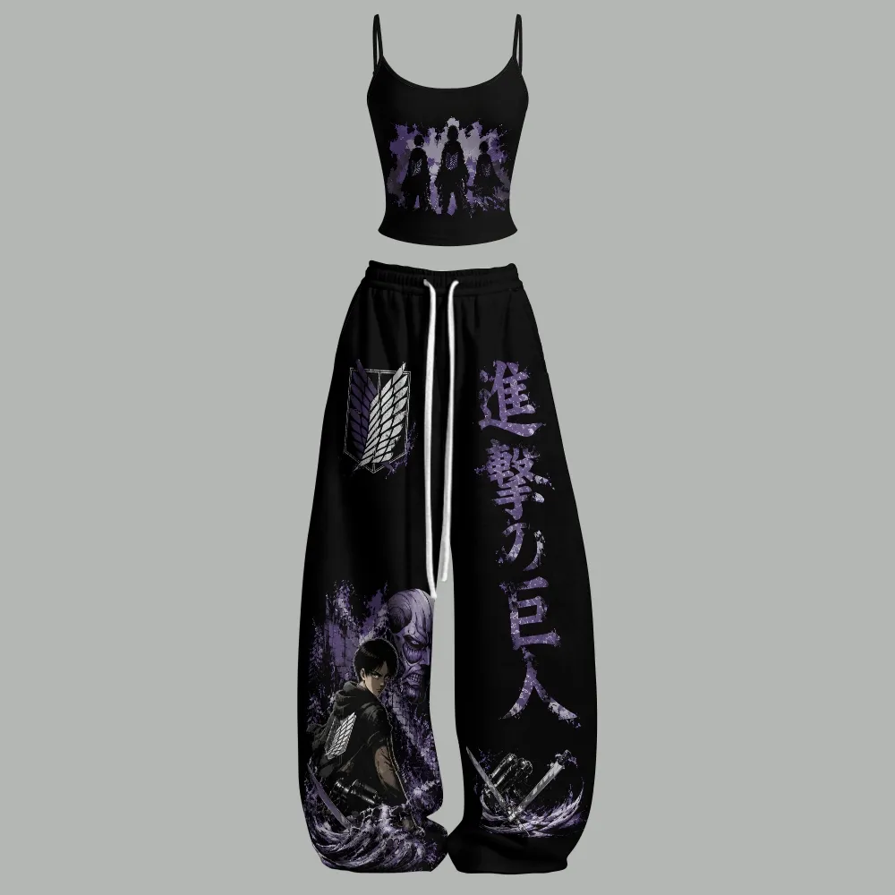 Attack on Titan Levi Survey Corps Cami Crop Top and Wide Leg Trousers Two-Piece Set, Women's Shingeki no Kyojin Anime Matching Outfit