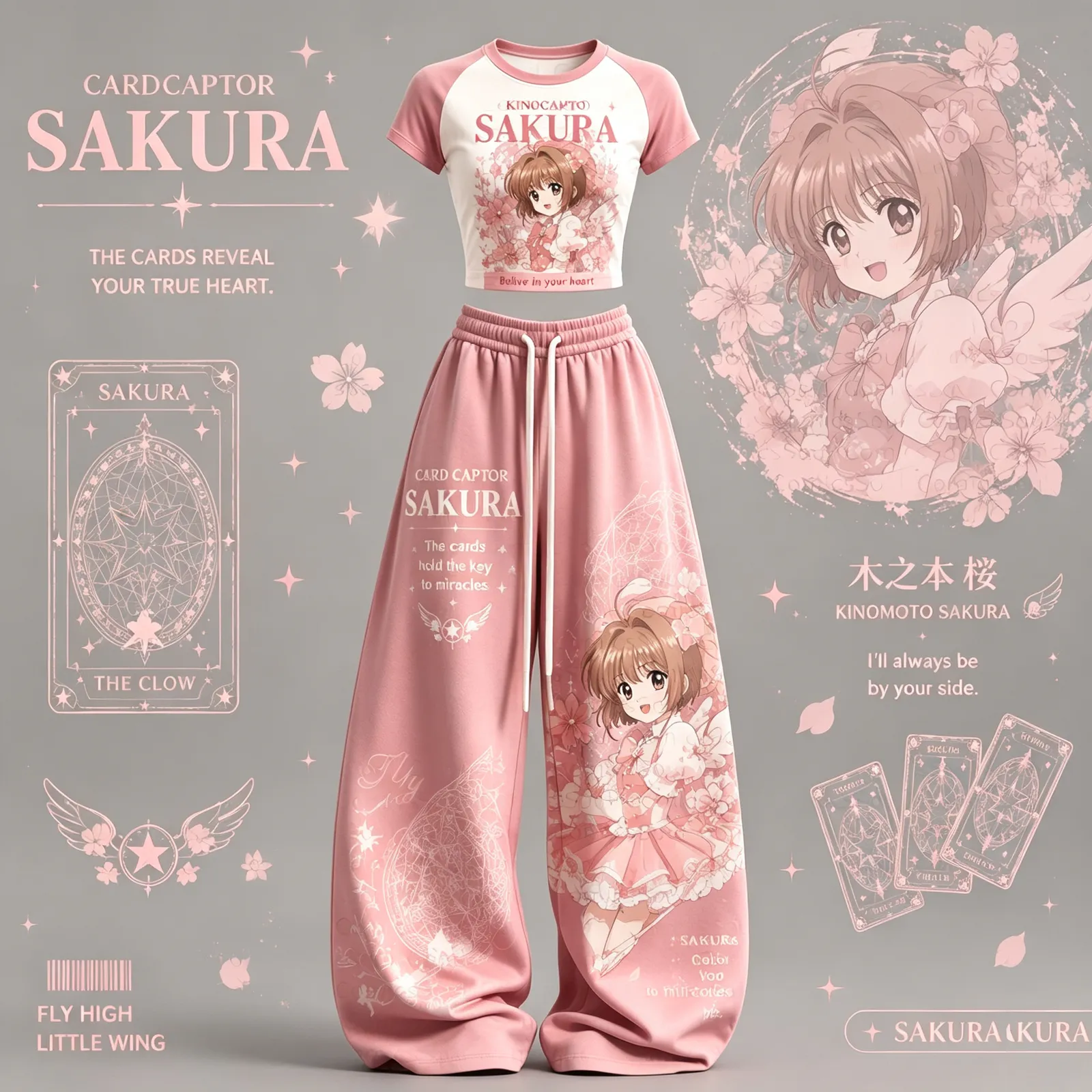 Cardcaptor Sakura Kinomoto Sakura Crop Tee and Wide Leg Trousers Two-Piece Set, Women's Pink Anime Lounge Outfit, Clow Card Matching Set