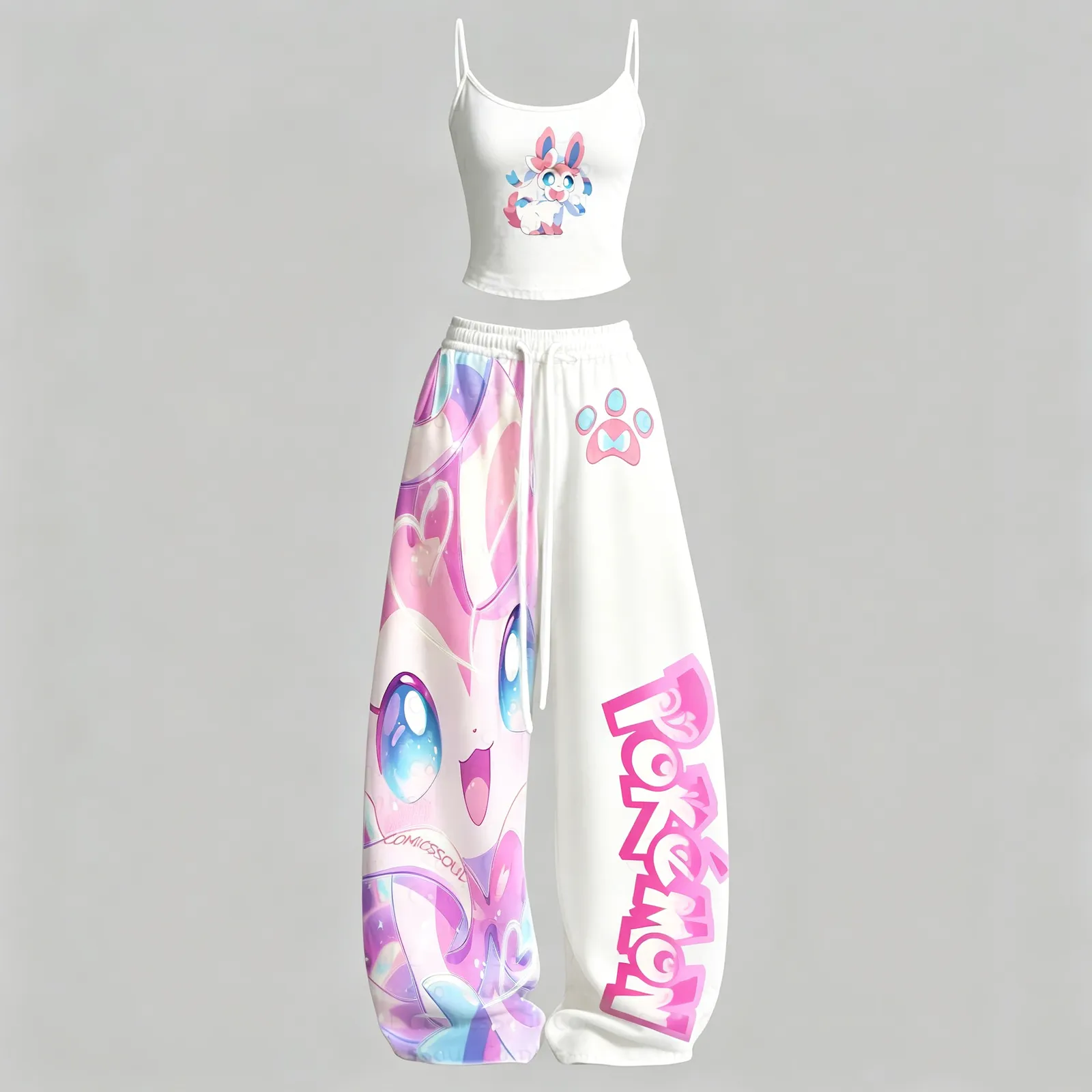 Pokémon Sylveon Cami Top and Elasticated Trousers Two-Piece Set, Women's White and Pastel Pink Kawaii Anime Lounge Outfit, Matching Set