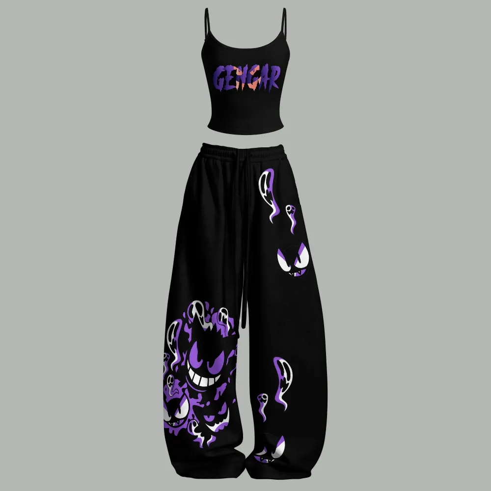 Pokémon Gengar Cami Top and Elasticated Trousers Two-Piece Set, Women's Black and Purple Ghost Anime Lounge Outfit, Pokemon Matching Set
