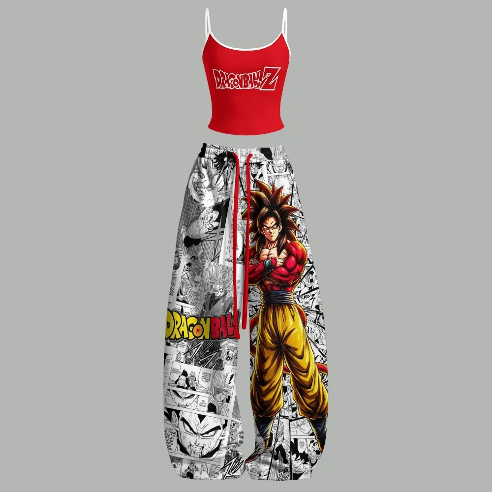 Dragon Ball Z Super Saiyan 4 Goku Cami Crop Top and Wide Leg Trousers Two-Piece Set, Women's Red Manga Panel Lounge Outfit, DBZ GT Fan Gift