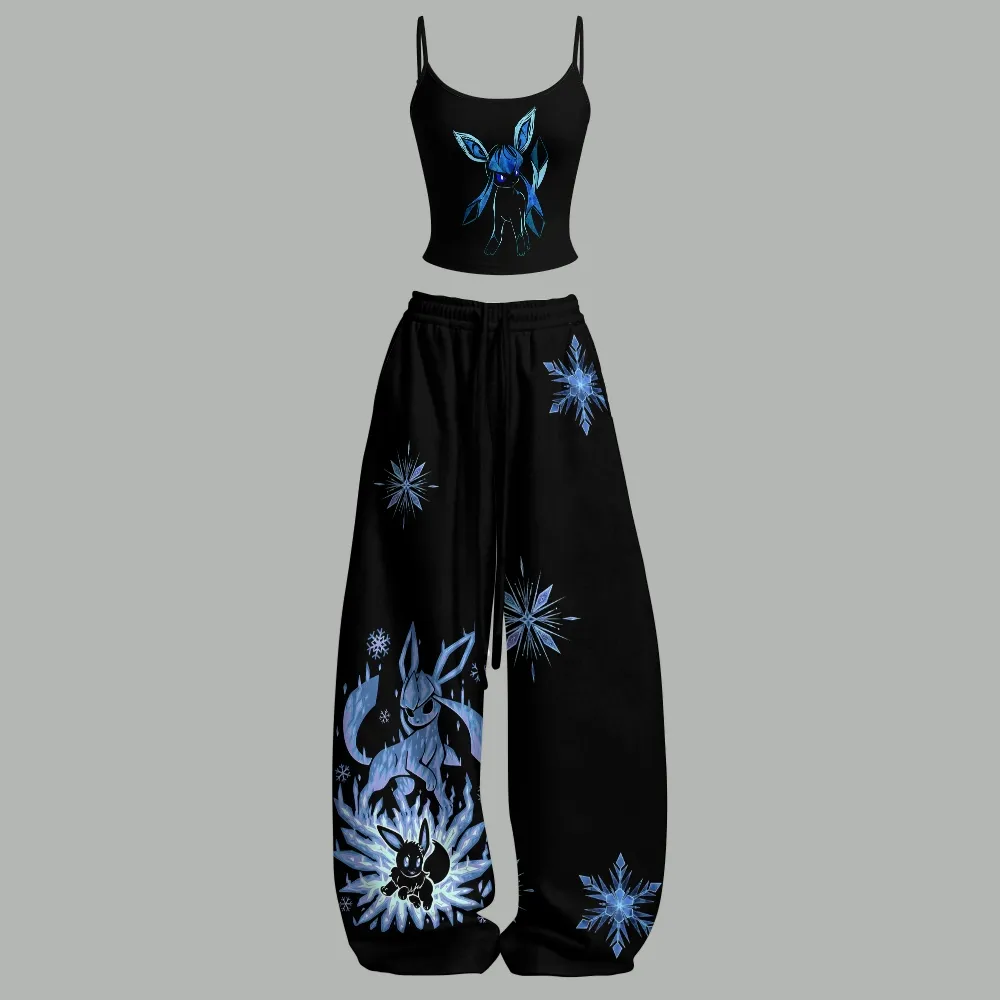 Pokémon Glaceon and Eevee Snowflake Cami Crop Top and Elasticated Wide Leg Trousers Two-Piece Set, Women's Black and Icy Blue Winter Outfit