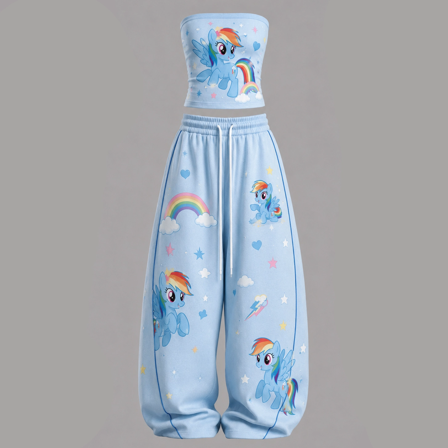 My Little Pony Rainbow Dash Strapless Tube Top and Wide Leg Trousers Two-Piece Set, Women's Pastel Sky Blue Cloud Matching Lounge Outfit