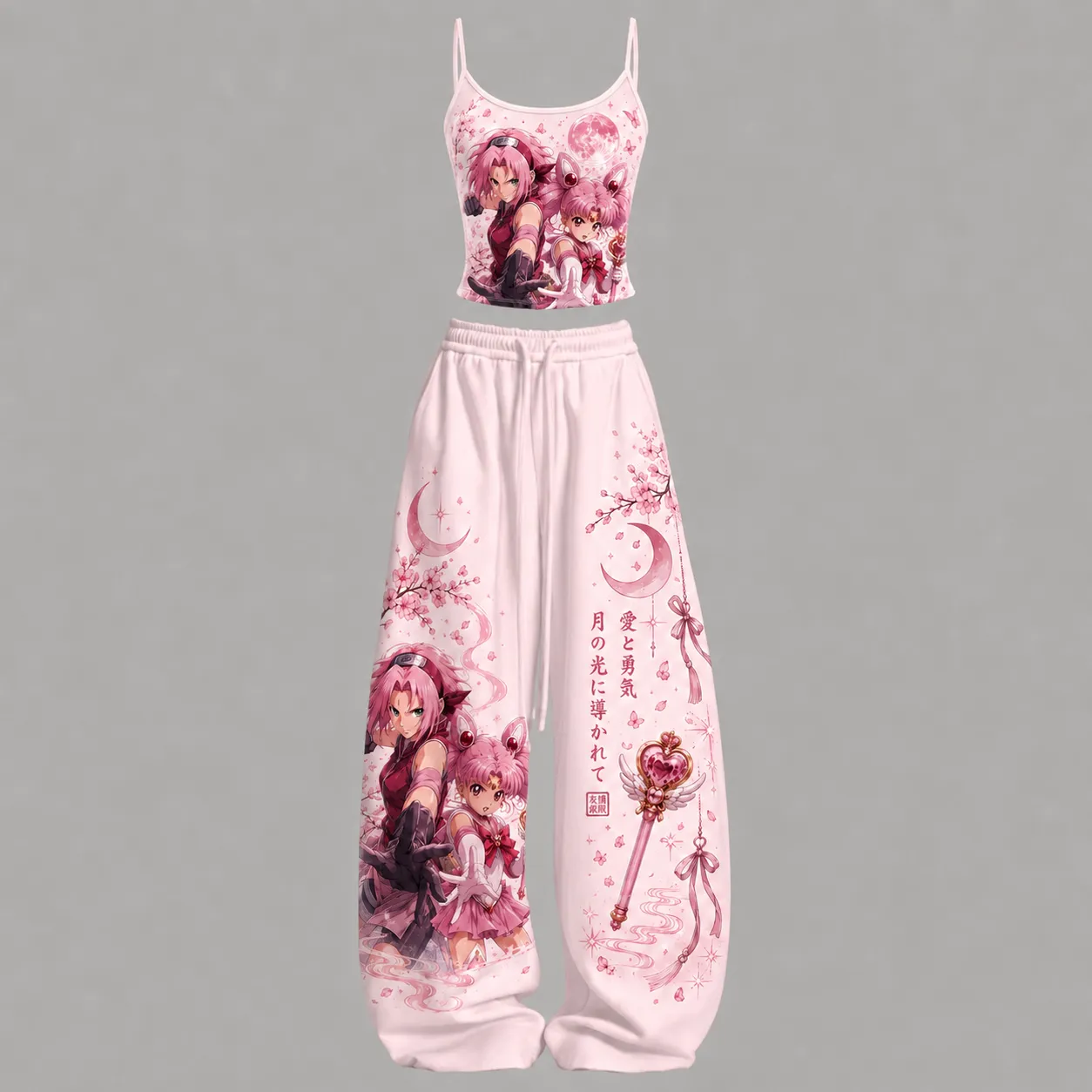 Naruto x Sailor Moon Sakura Haruno and Chibiusa Cami Crop Top and Wide Leg Trousers Two-Piece Set, Pink Cherry Blossom Print, Women's Outfit