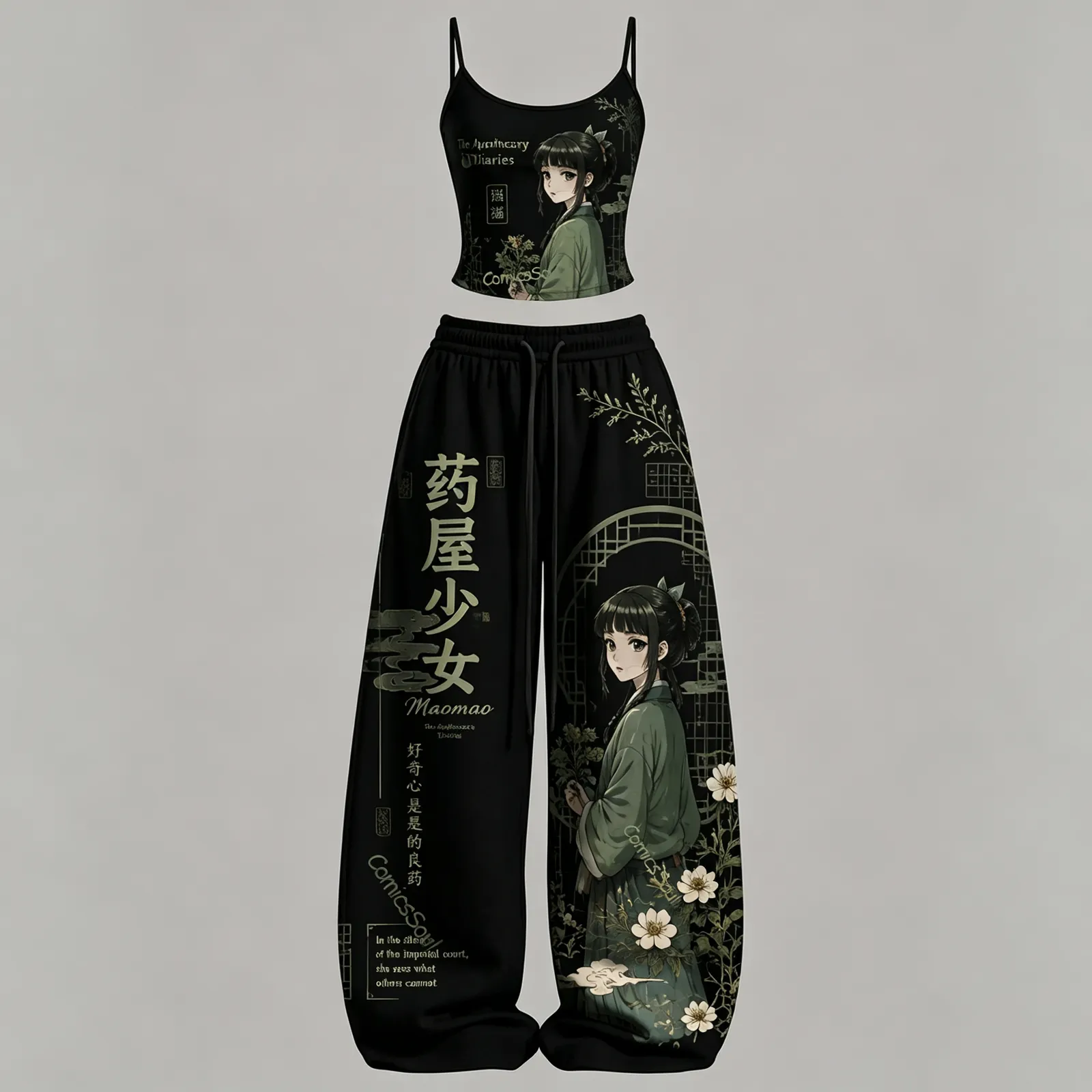 The Apothecary Diaries Maomao Herbalist Cami Crop Top and Elasticated Wide Leg Trousers Two-Piece Set, Women's Black and Jade Green Anime Outfit