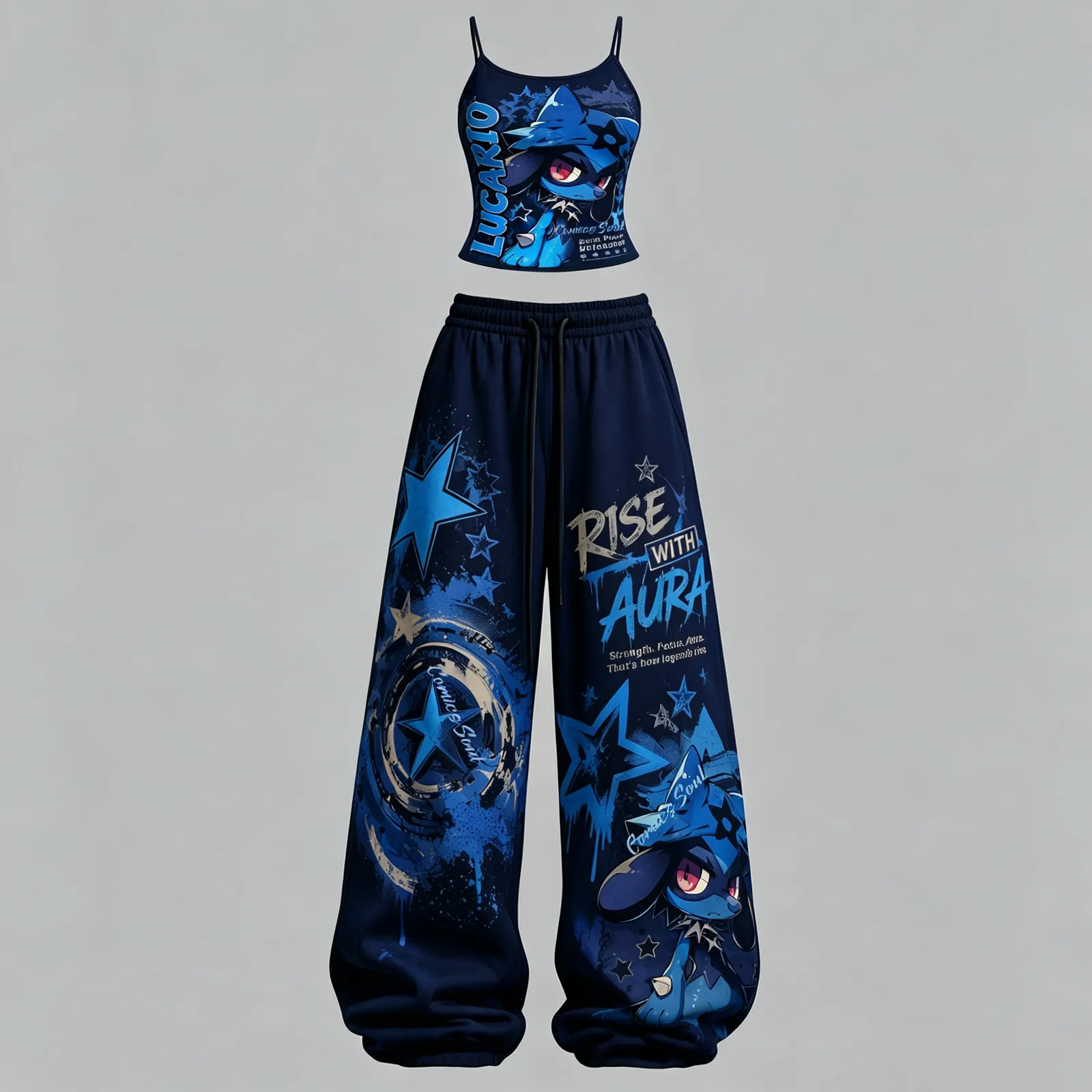 Pokémon Lucario Cami Crop Top and Wide Leg Trousers Two-Piece Set, Women's Navy and Blue Rise With Aura Lounge Outfit, Pokémon Fan Gift