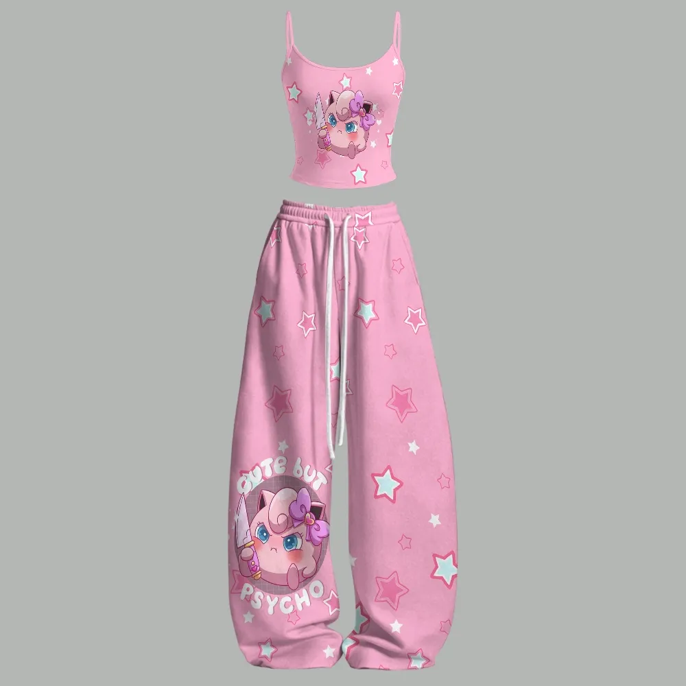 Pokemon Jigglypuff Cute but Psycho Cami Top and Elasticated Trousers Two-Piece Set, Women's Pink Star Print Anime Lounge Outfit