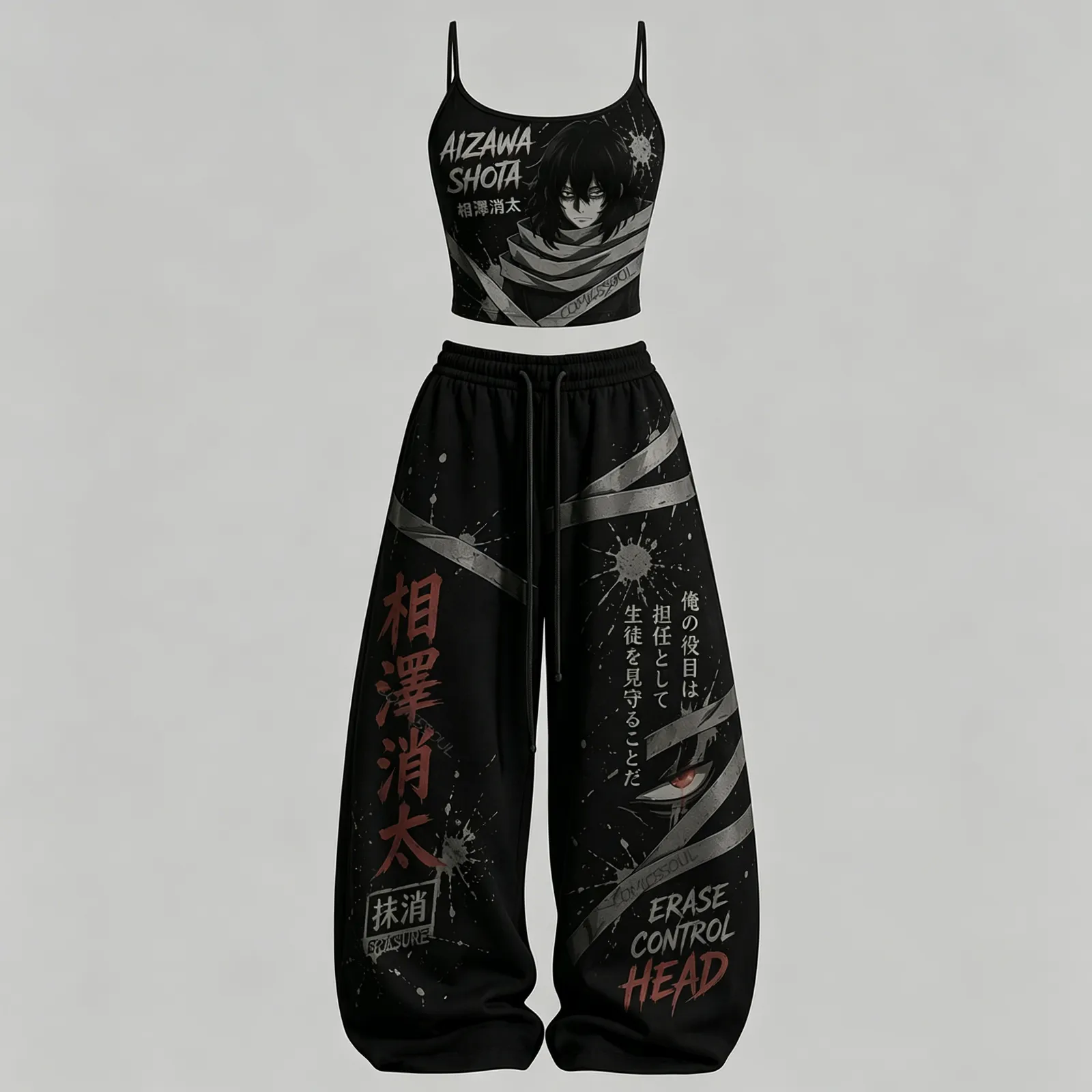 My Hero Academia Shota Aizawa Eraser Head Cami Crop Top and Wide Leg Trousers Set, Women's Two-Piece Lounge Outfit, MHA Erasure Anime Set