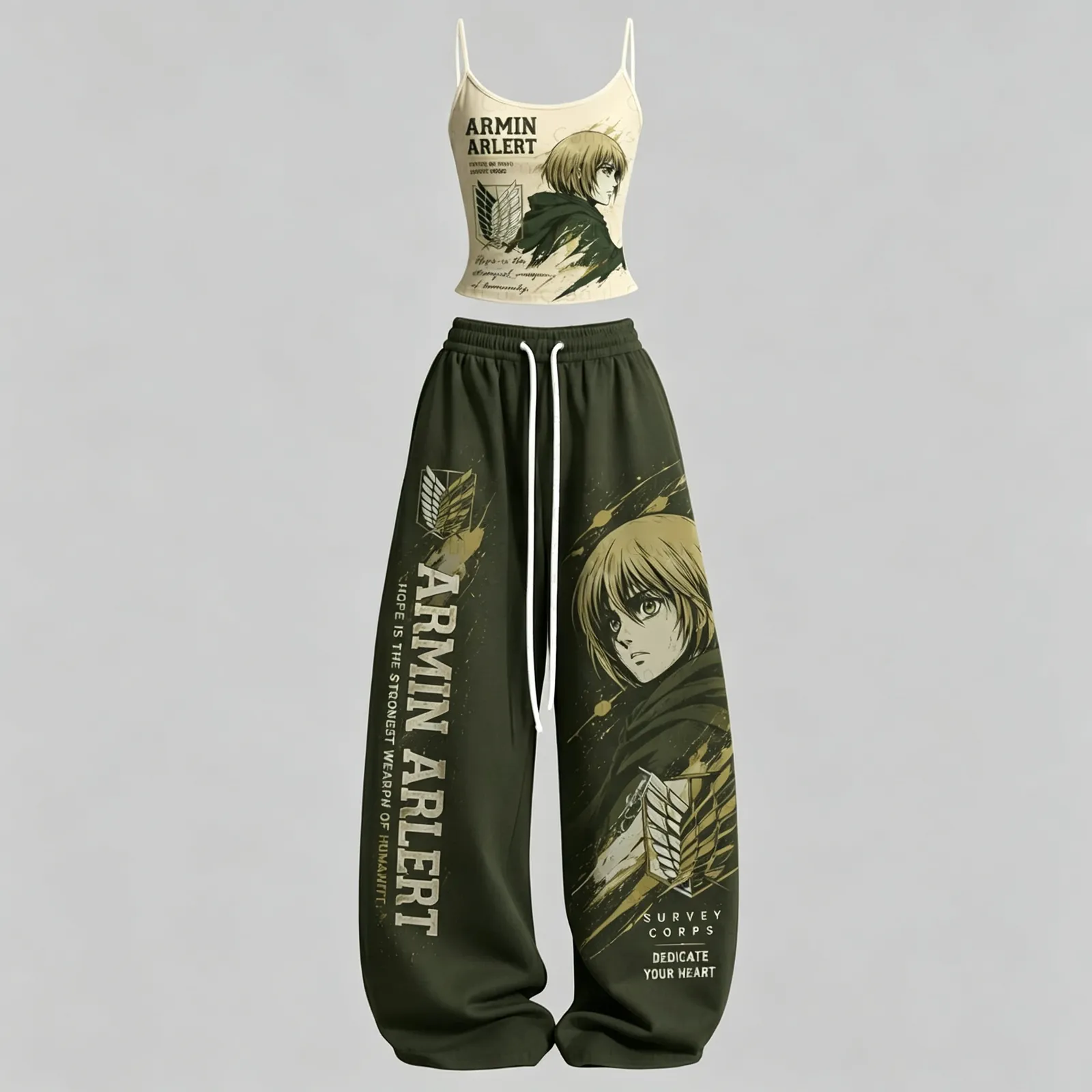 Attack on Titan Armin Arlert Survey Corps Cami Crop Top and Elasticated Wide Leg Trousers Two-Piece Set, Women's Olive and Cream Anime Outfit