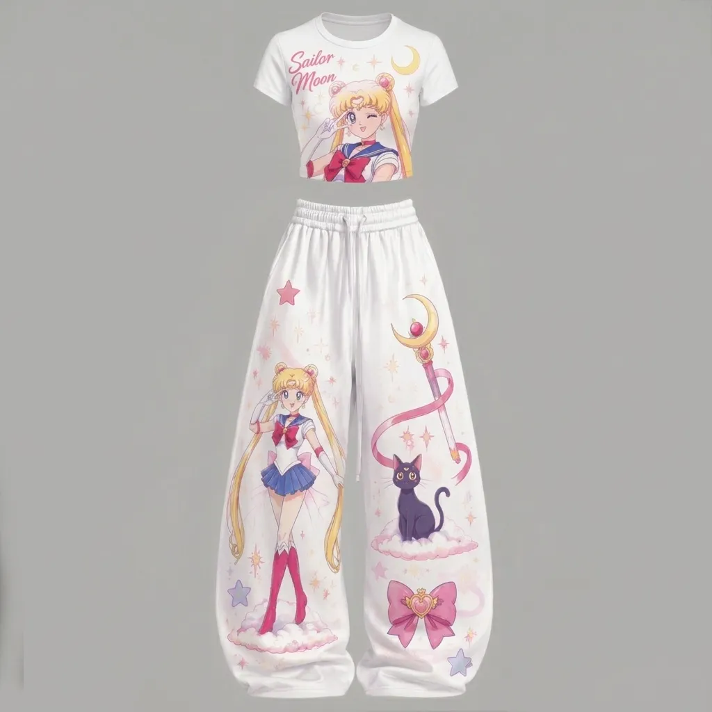 Sailor Moon Usagi Tsukino Crop Tee and Elasticated Wide Leg Trousers Two-Piece Set, Women's White and Pastel Pink Crescent Wand Luna Anime Outfit