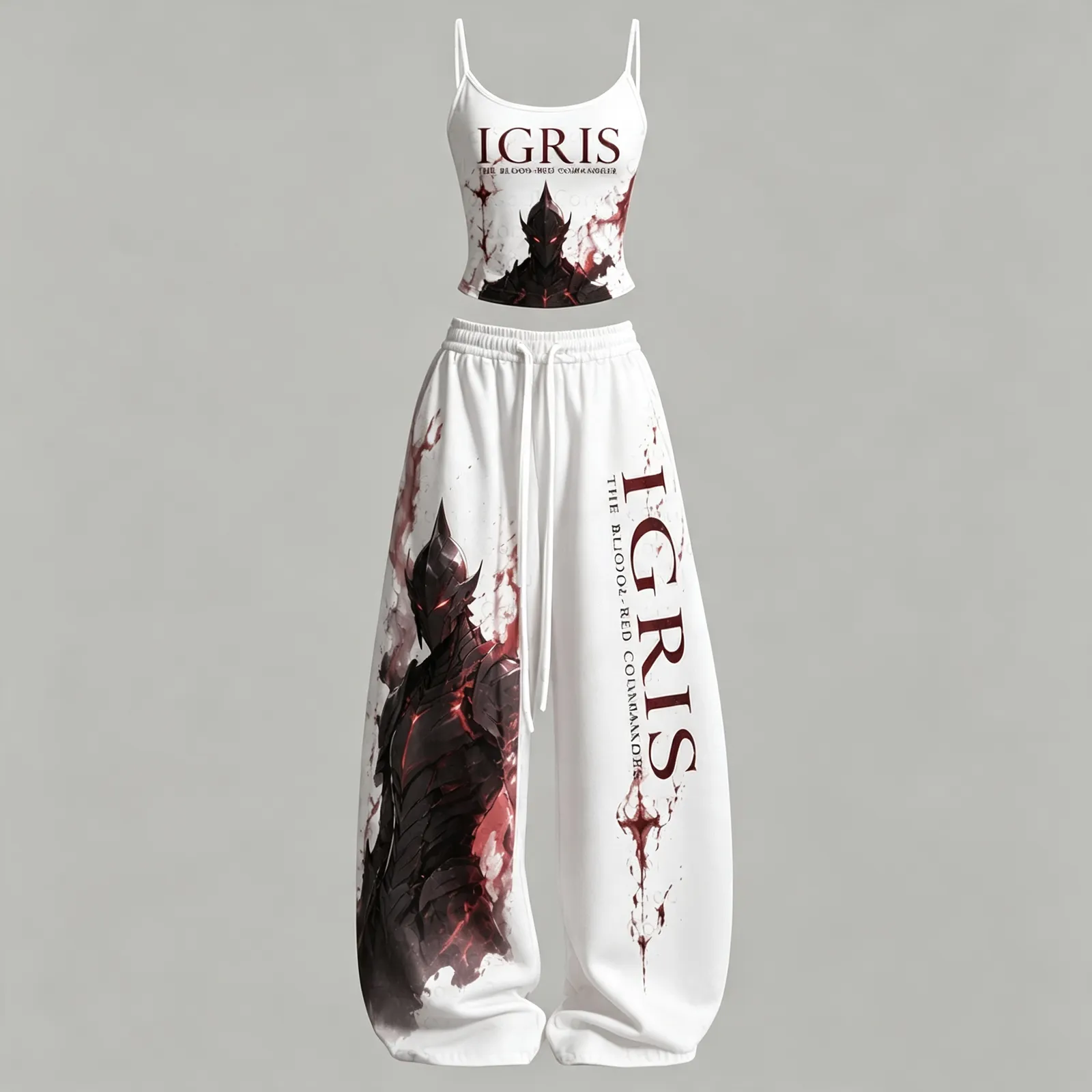 Solo Leveling Igris The Blood-Red Commander Cami Crop Top and Wide Leg Trousers Two-Piece Set, Women's White Shadow Knight Lounge Outfit
