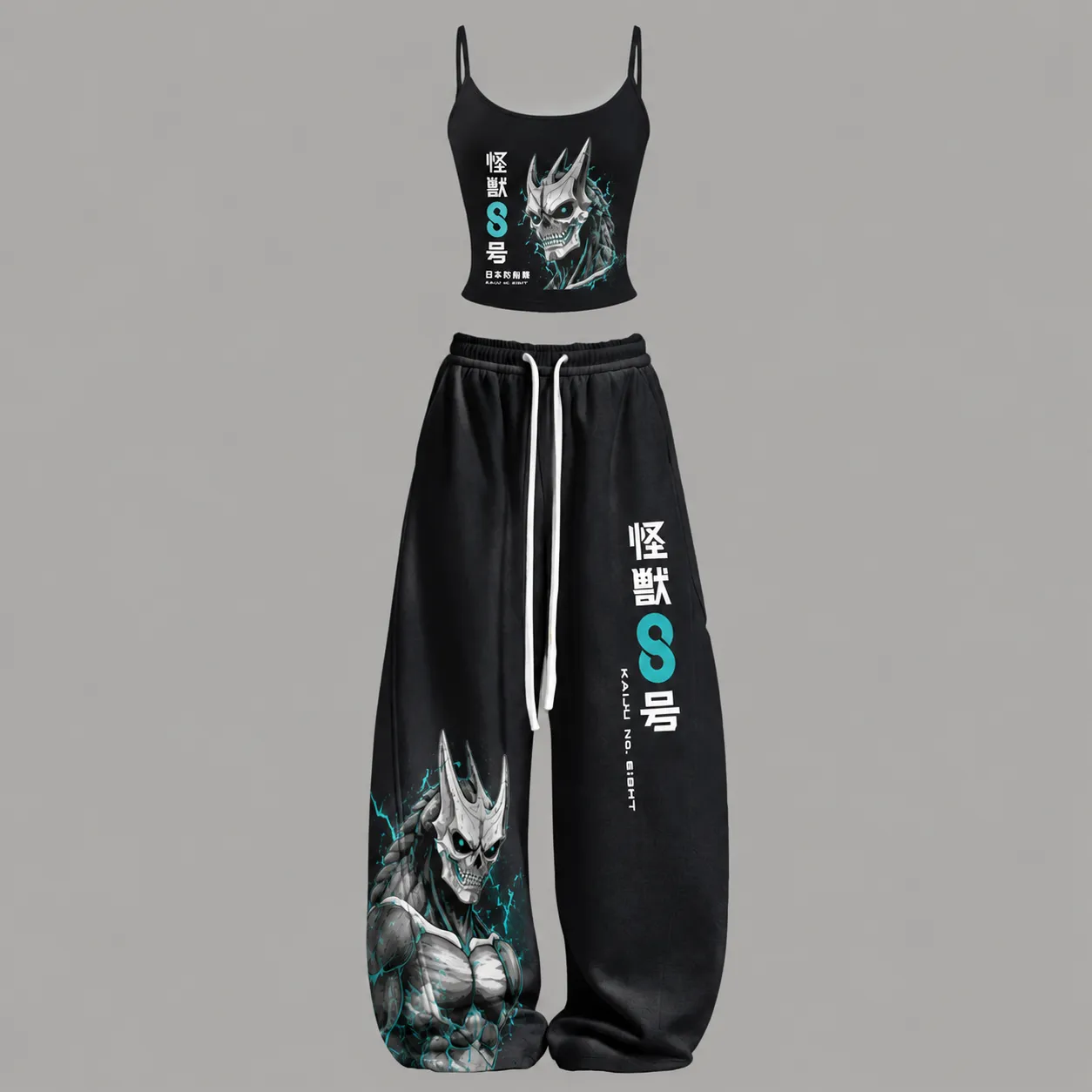 Kaiju No. 8 Kafka Hibino Cami Crop Top and Wide Leg Trousers Two-Piece Set, Women's Black Anime Matching Lounge Outfit, Gift for Fans