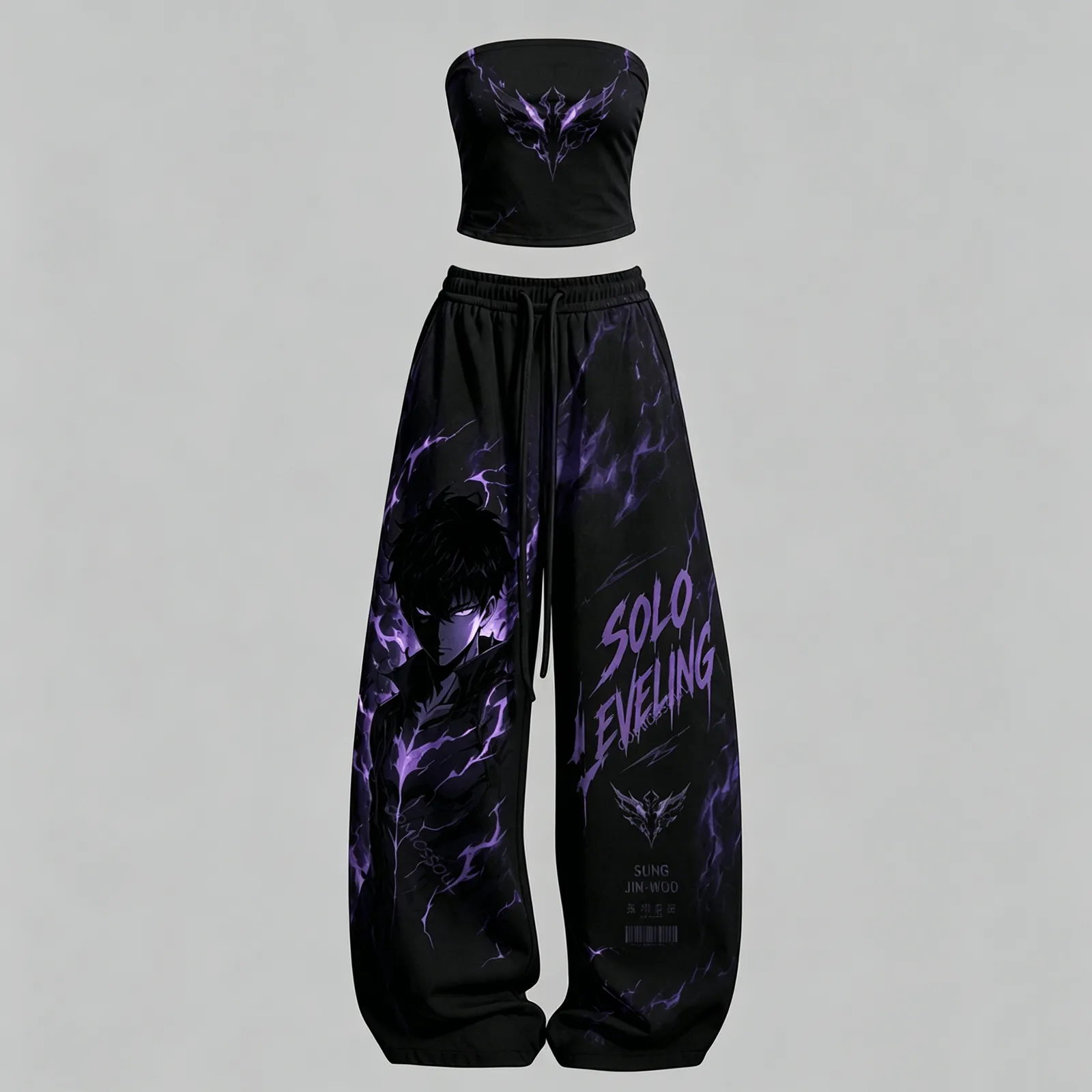 Solo Leveling Sung Jin-Woo Strapless Tube Crop Top and Wide Leg Trousers Two-Piece Set, Black Purple Shadow Anime Lounge Outfit, Women's Co-ord