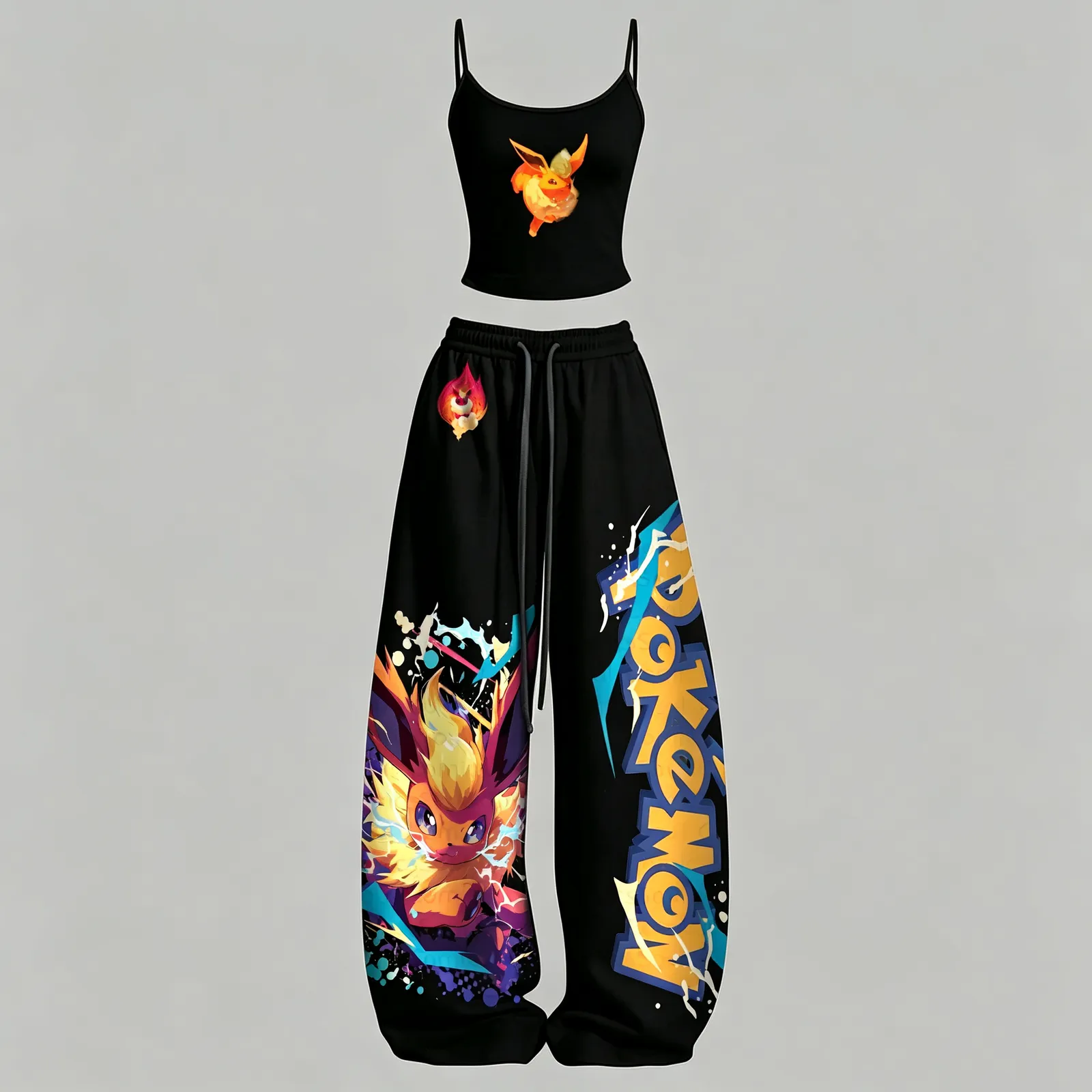 Pokémon Flareon Cami Crop Top and Wide Leg Trousers Two-Piece Set, Women's Black Orange Electric Splash Lounge Outfit, Eeveelution Fan Gift