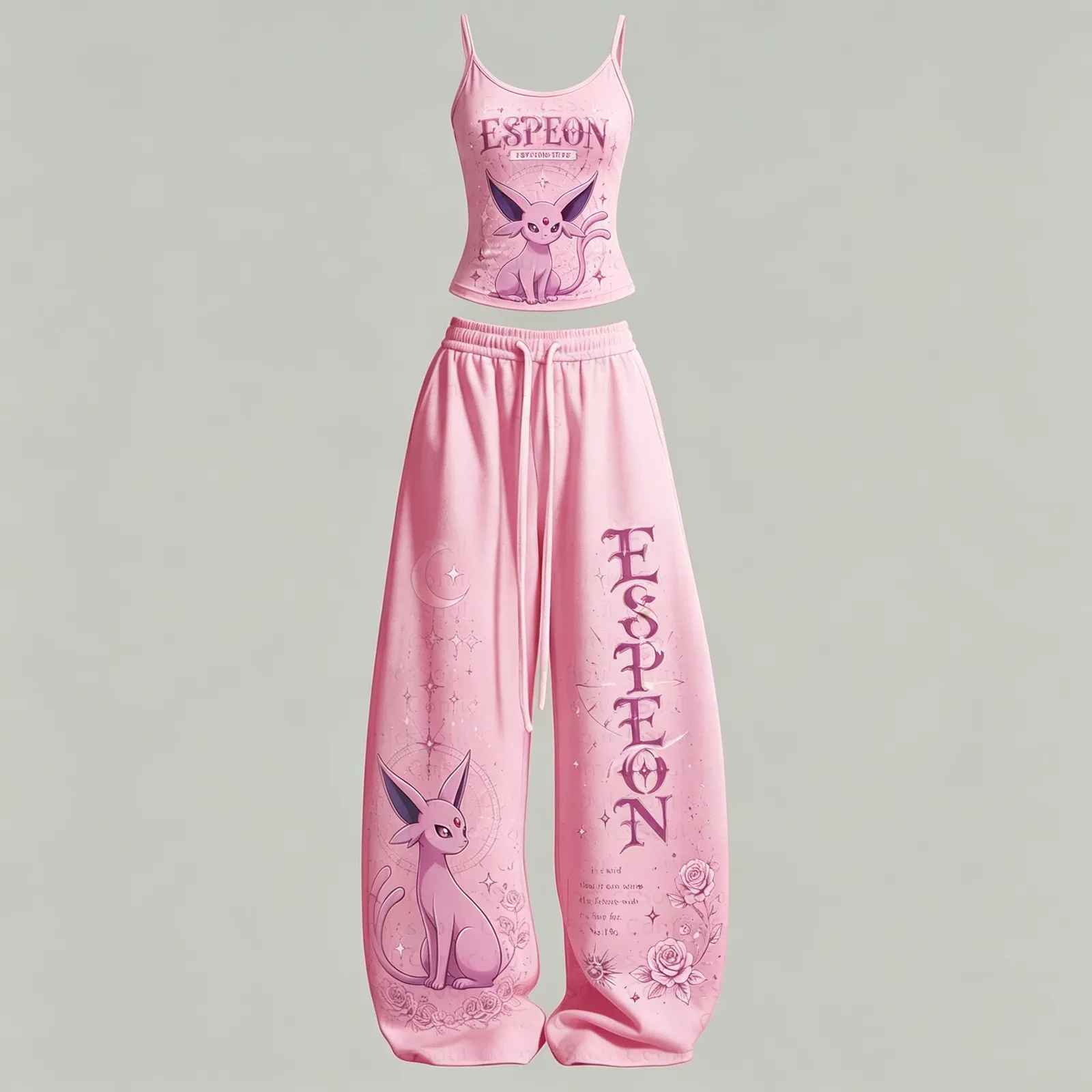 Pokémon Espeon Cami Crop Top and Wide Leg Trousers Two-Piece Set, Women's Psychic Eeveelution Pink Matching Lounge Outfit, Anime Gift