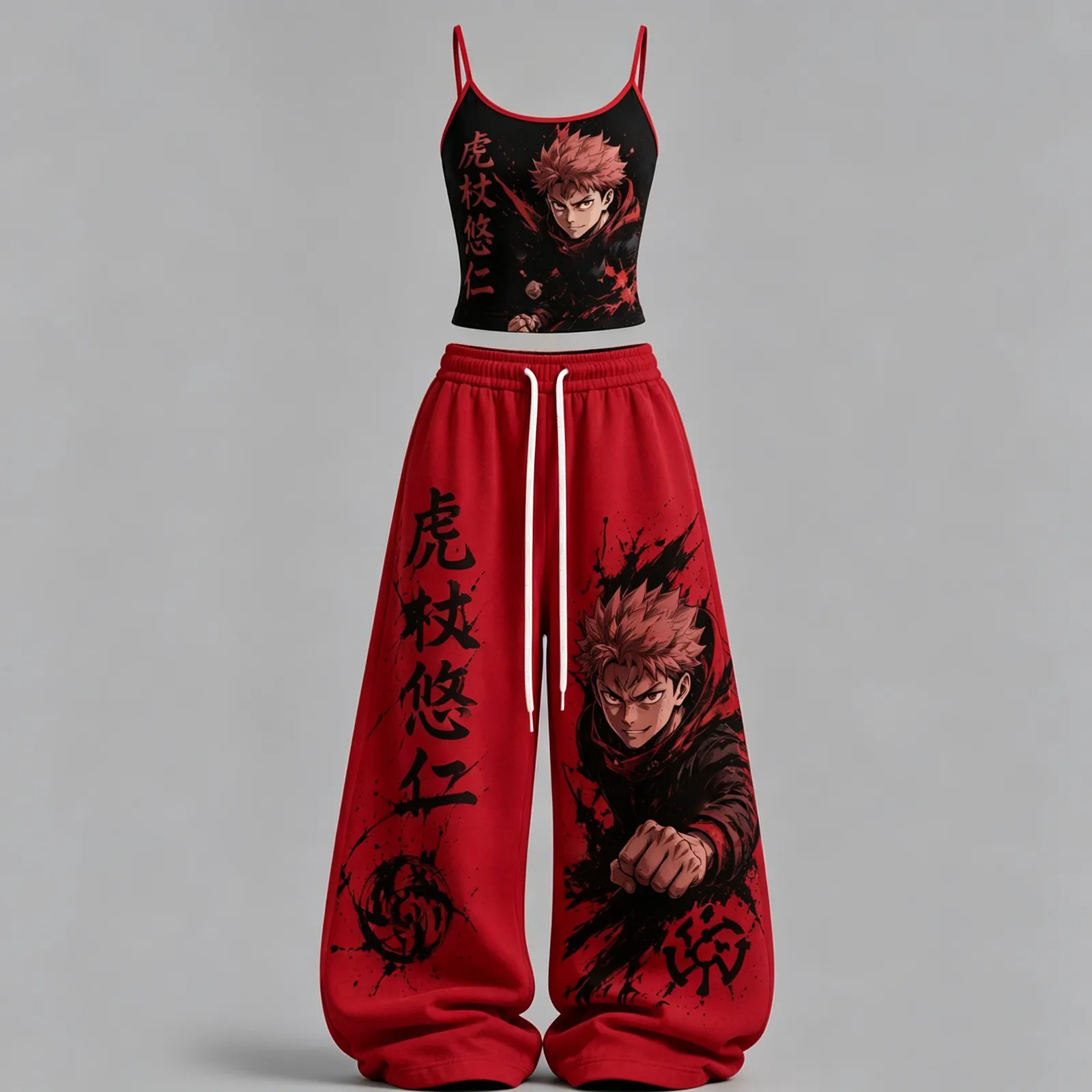 Jujutsu Kaisen Yuji Itadori Kanji Cami Crop Top and Elasticated Wide Leg Trousers Two-Piece Set, Women's Black and Scarlet Brush Ink Anime Outfit