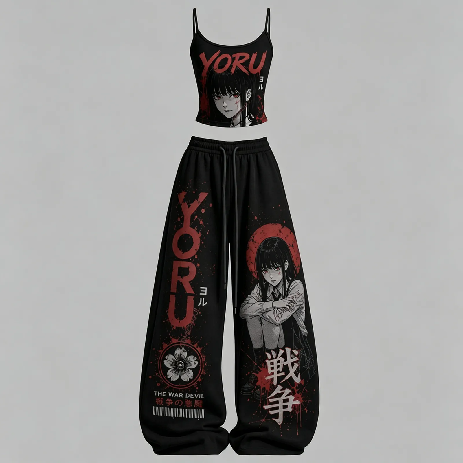 Chainsaw Man Yoru The War Devil Cami Crop Top and Wide Leg Trousers Two-Piece Set, Black Red Splatter Anime Lounge Outfit, Women's Co-ord