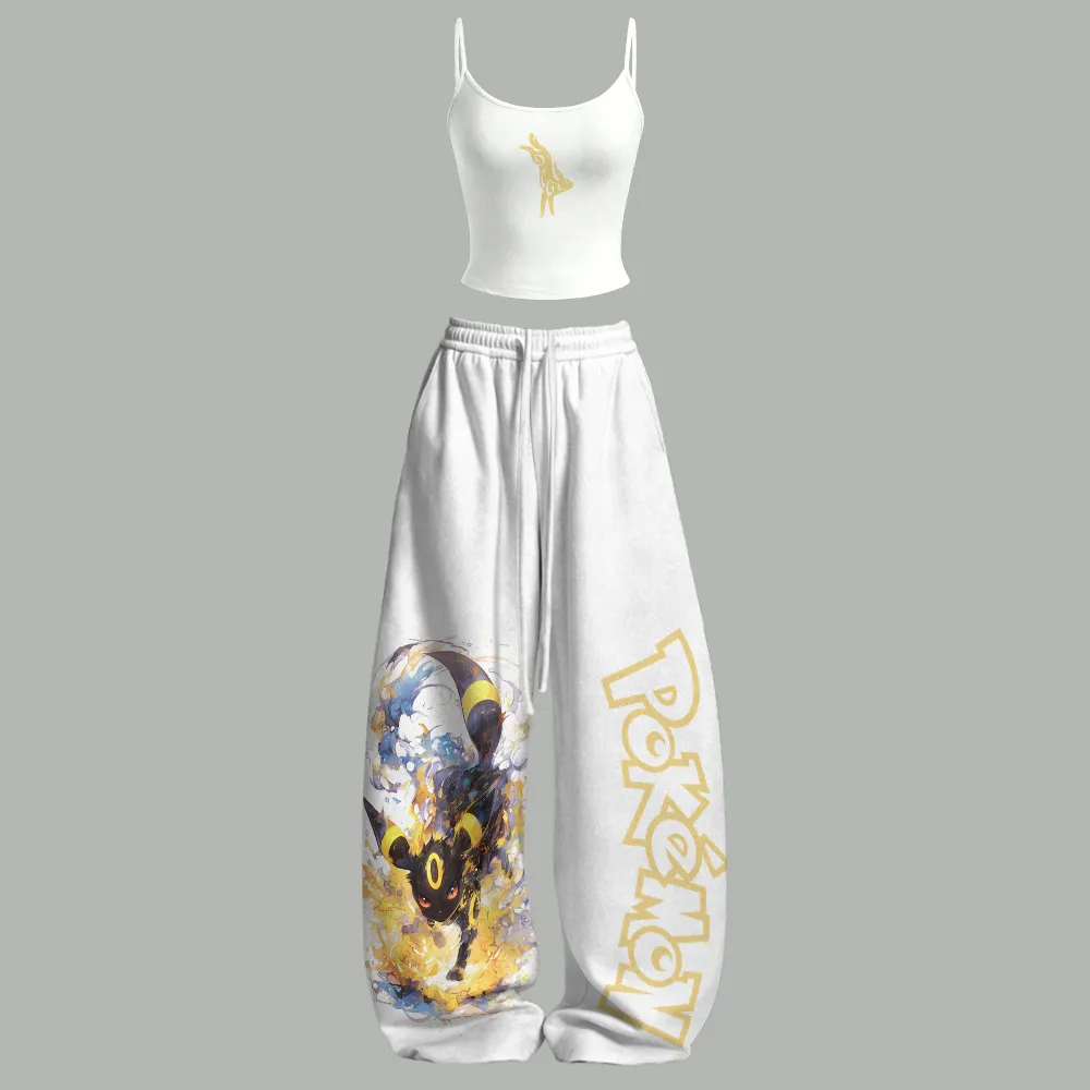 Pokemon Umbreon Cami Crop Top and Wide Leg Trousers Two-Piece Set, Women's White Gold Anime Lounge Outfit, Eeveelution Dark Type Fan Gift