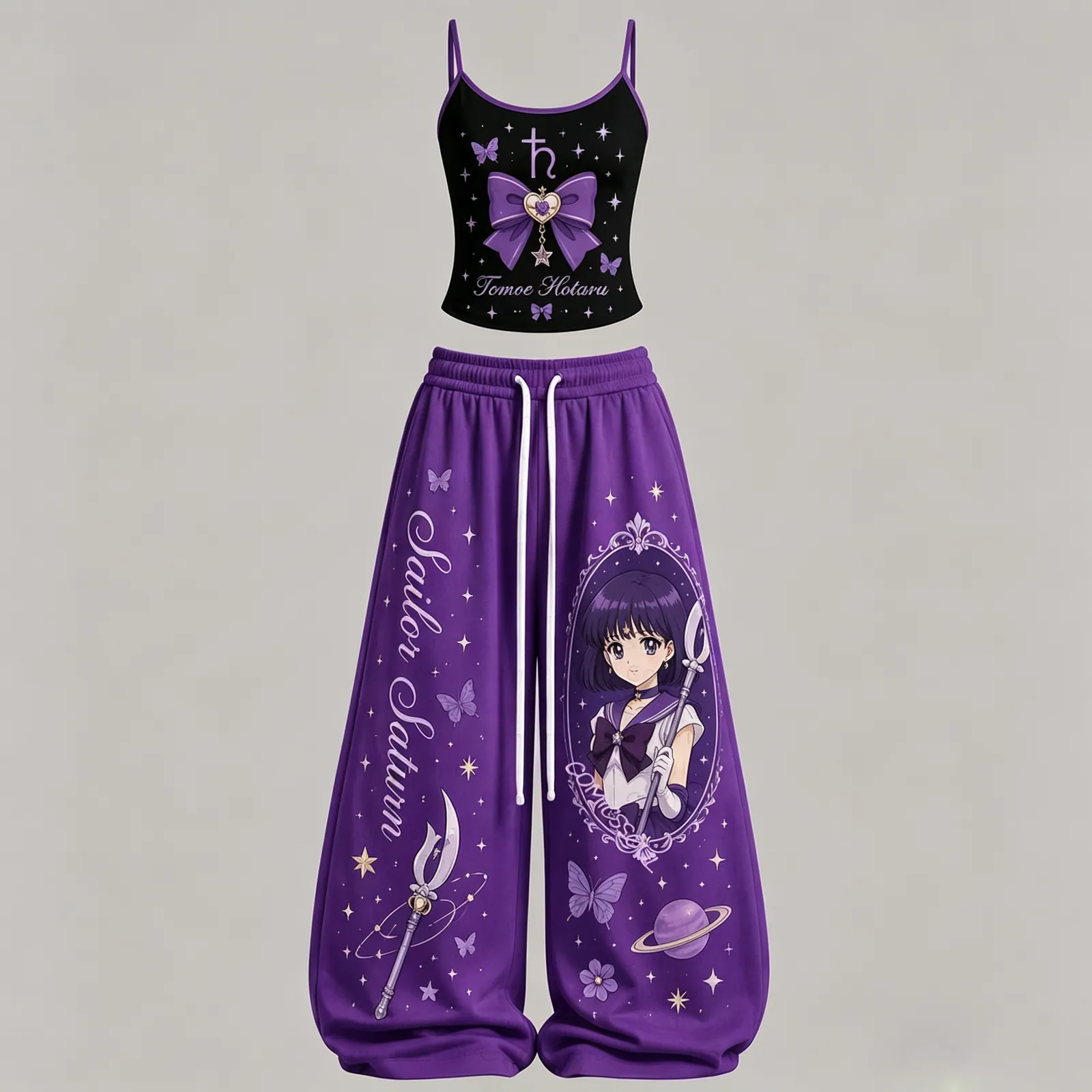 Sailor Moon Saturn Hotaru Tomoe Cami Crop Top and Wide Leg Trousers Two-Piece Set, Women's Black Purple Anime Lounge Outfit, Magical Girl Gift