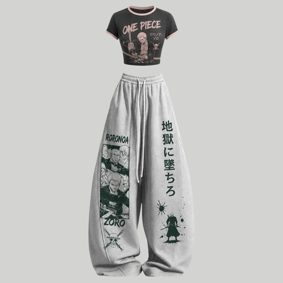 One Piece Roronoa Zoro Crop Tee and Wide Leg Trousers Two-Piece Set, Charcoal Pink and Heather Grey Manga Panel Print, Women's Anime Outfit