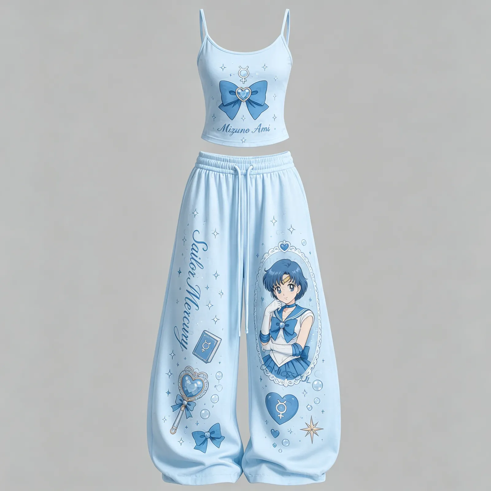 Sailor Moon Mercury Ami Mizuno Cami Crop Top and Wide Leg Trousers Two-Piece Set, Women's Baby Blue Anime Lounge Outfit, Bubbles Bow Fan Gift