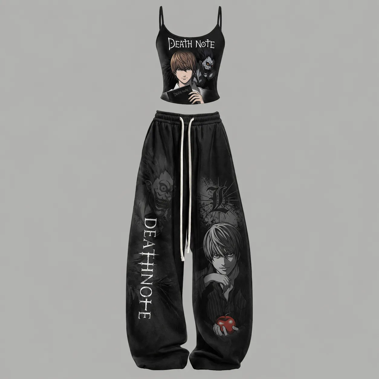 Death Note Light Yagami and Ryuk Cami Crop Top and Wide Leg Trousers Two-Piece Set, Women's Black Anime Lounge Outfit with L Logo, Manga Gift
