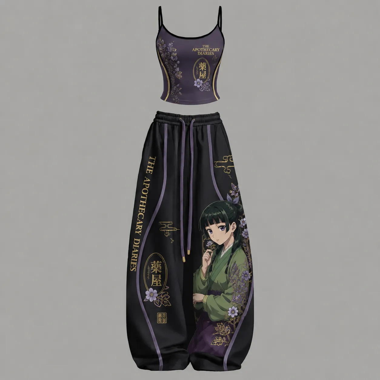 The Apothecary Diaries Maomao Cami Crop Top and Wide Leg Trousers Two-Piece Set, Women's Black and Purple Anime Lounge Outfit, Gold Floral Set